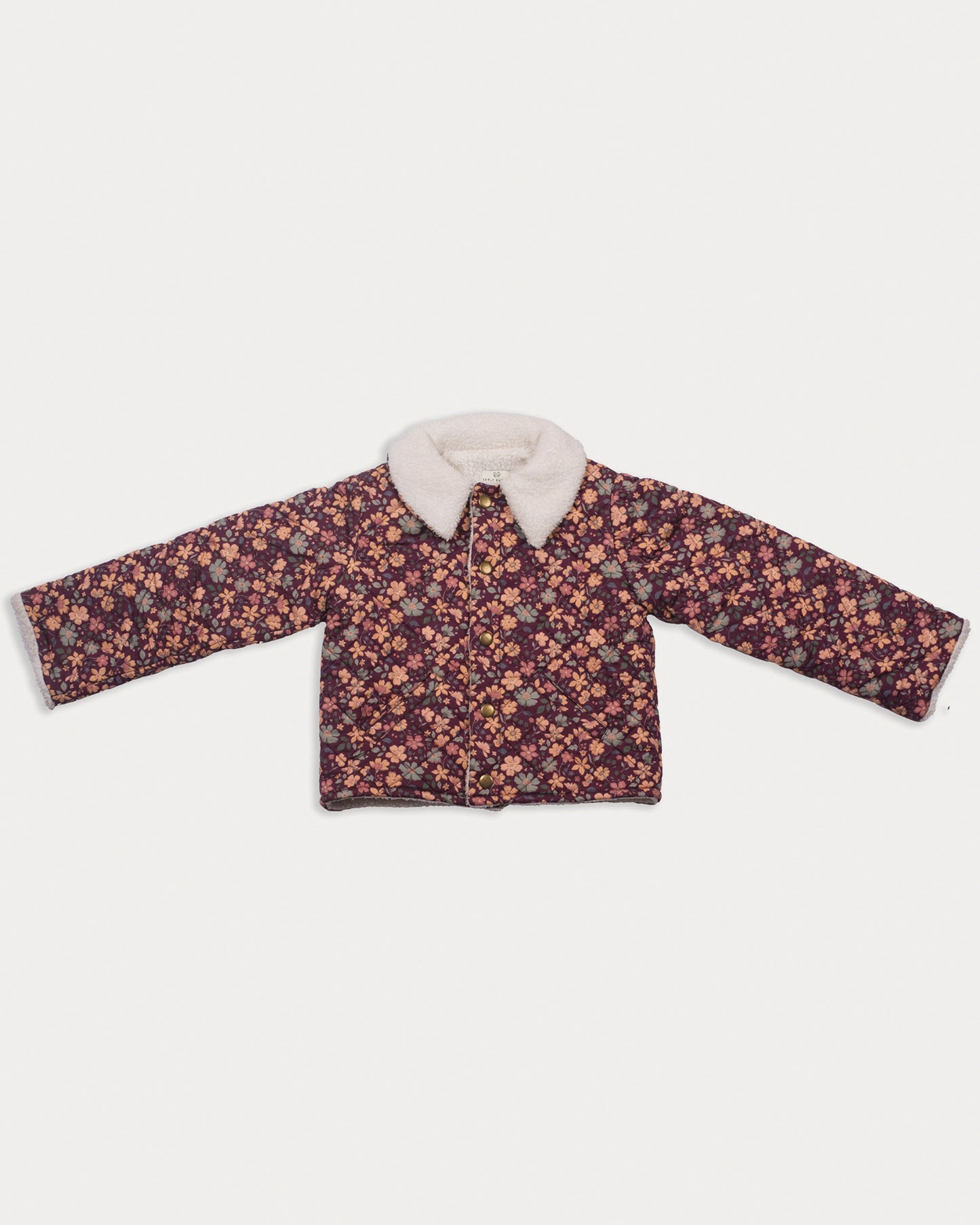 Early Sunday, Esmée Jacket in Garden Flowers Plum, made from Printed Cotton Satin fabric, featuring a quilted layer with delicate floral print and elegant detailing, shown in a front flat-lay view