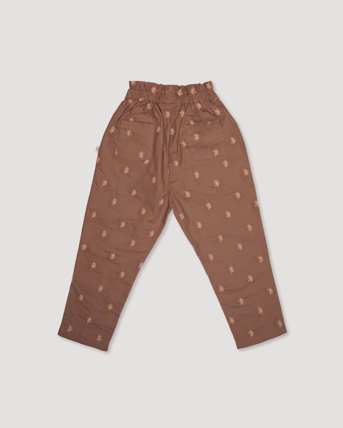 Early Sunday, Adrien Trouser in Bark, made from All-Over Embroidered 30s Cotton Brushed Twill fabric, featuring Relaxed design with ample room for movement, perfect for active kids, shown in a back flat-lay view