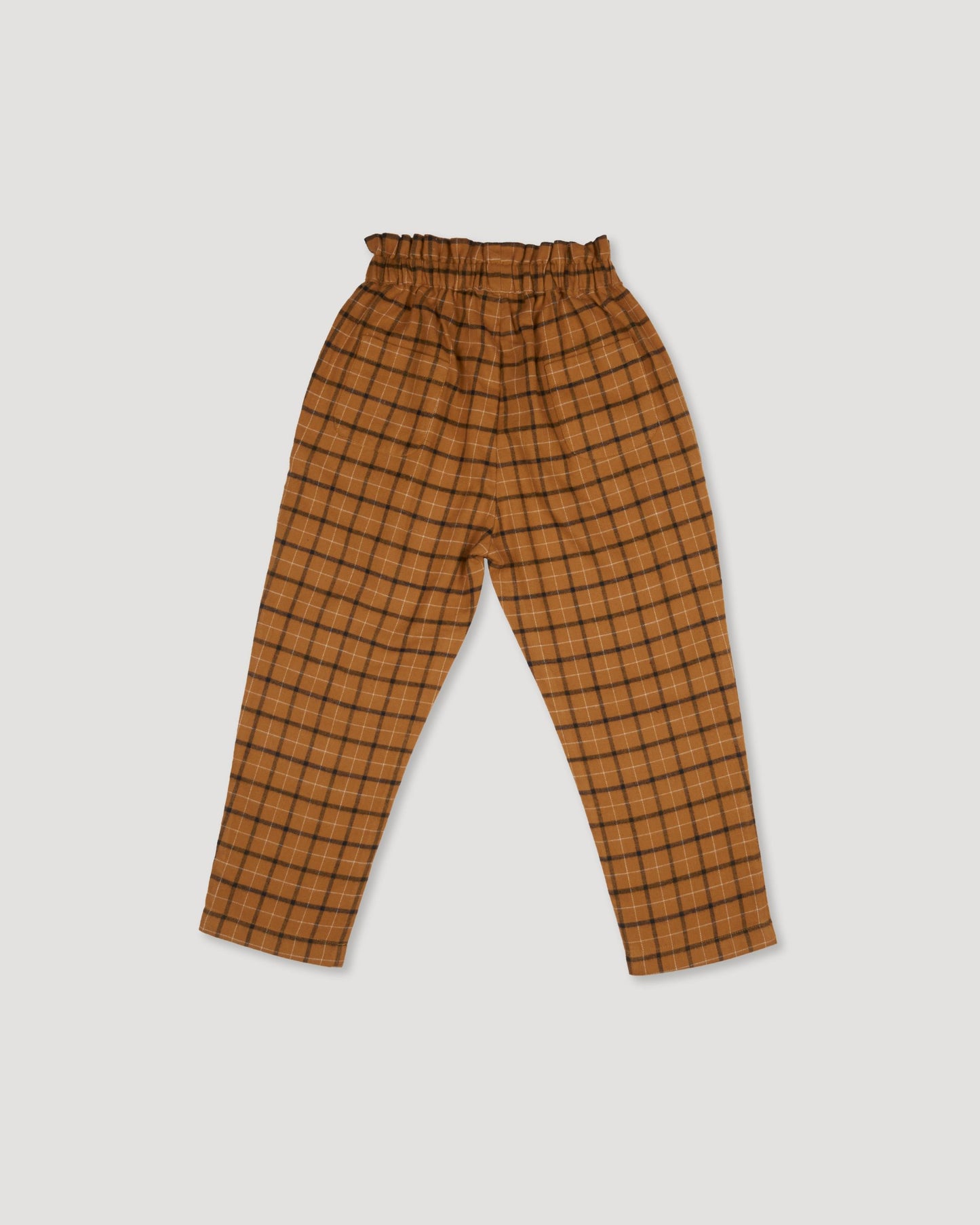 Early Sunday, Adrien Trouser in Almond Checks, made from Cotton Yarn Dyed Brushed Checks fabric, featuring Relaxed design with ample room for movement, perfect for active kids, shown in a front flat-lay view