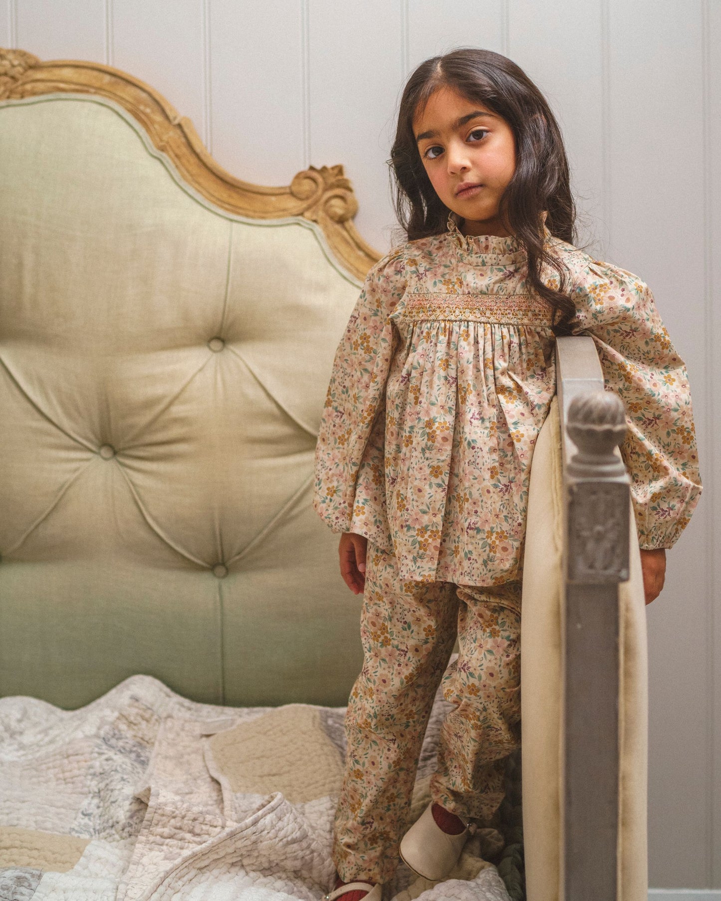 Early Sunday, Adrien Trouser in Floral print, made from Printed 30s Cotton Twill fabric, featuring Relaxed design with ample room for movement, perfect for active kids, shown in a front view of model wearing it