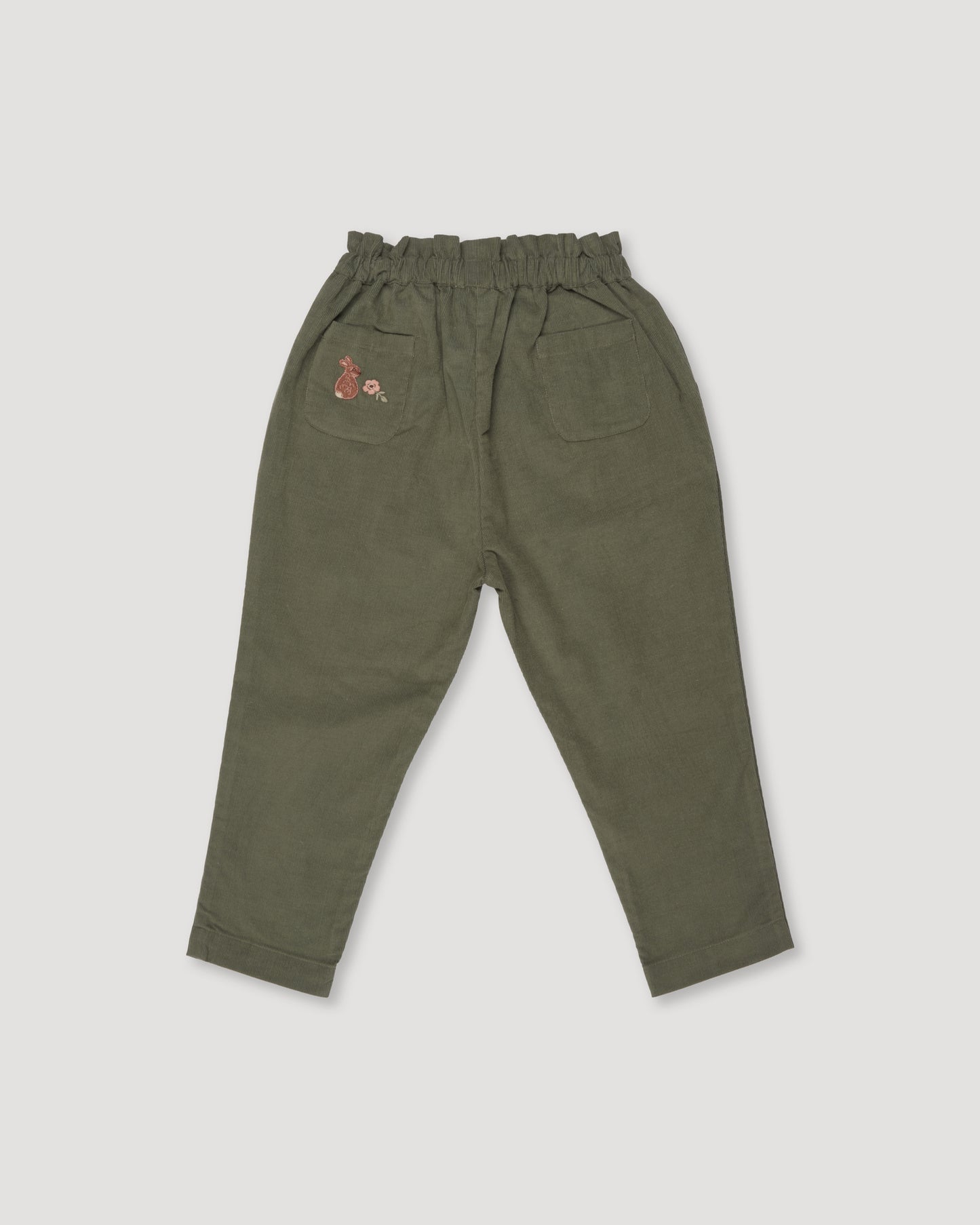 Early Sunday, Adrin Trouser in Moss color, made from Cotton Corduroy fabric, featuring a relaxed silhouette with a comfortable elastic waistband, shown in a back flat-lay view