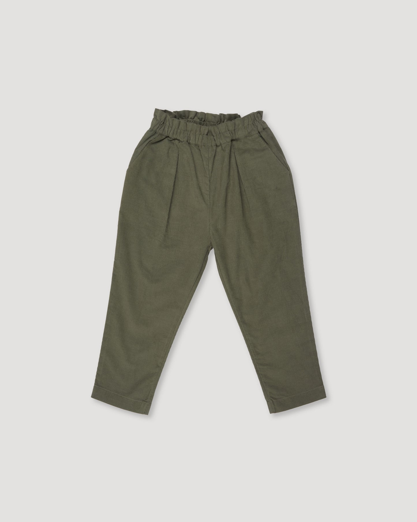 Early Sunday, Adrin Trouser in Moss color, made from Cotton Corduroy fabric, featuring a relaxed silhouette with a comfortable elastic waistband, shown in a front flat-lay view
