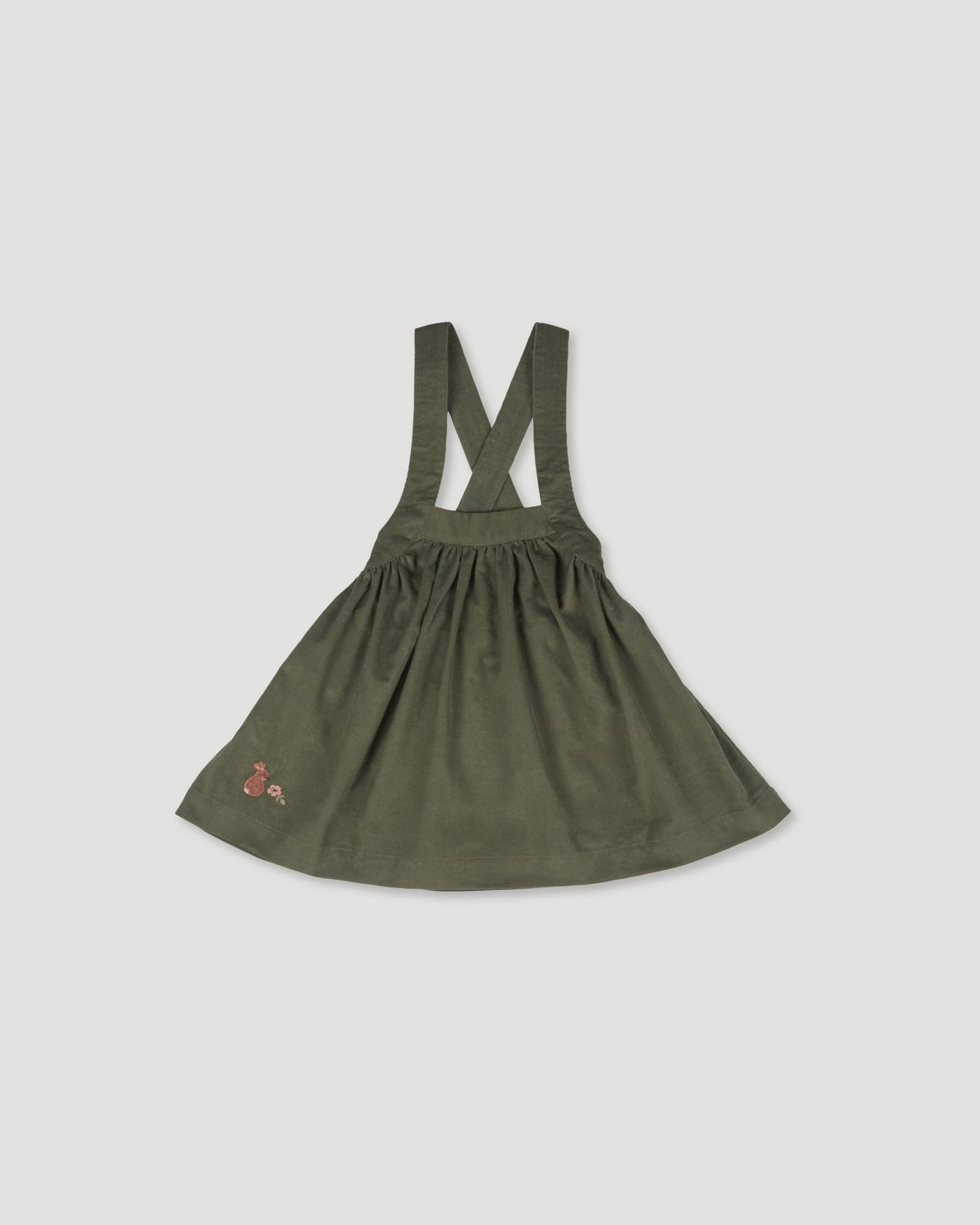 Early Sunday, Annie Skirt in Moss, made from Cotton Corduroy fabric, featuring a relaxed fit with an elastic waistband & beautiful embroidery, shown in a front flat-lay view