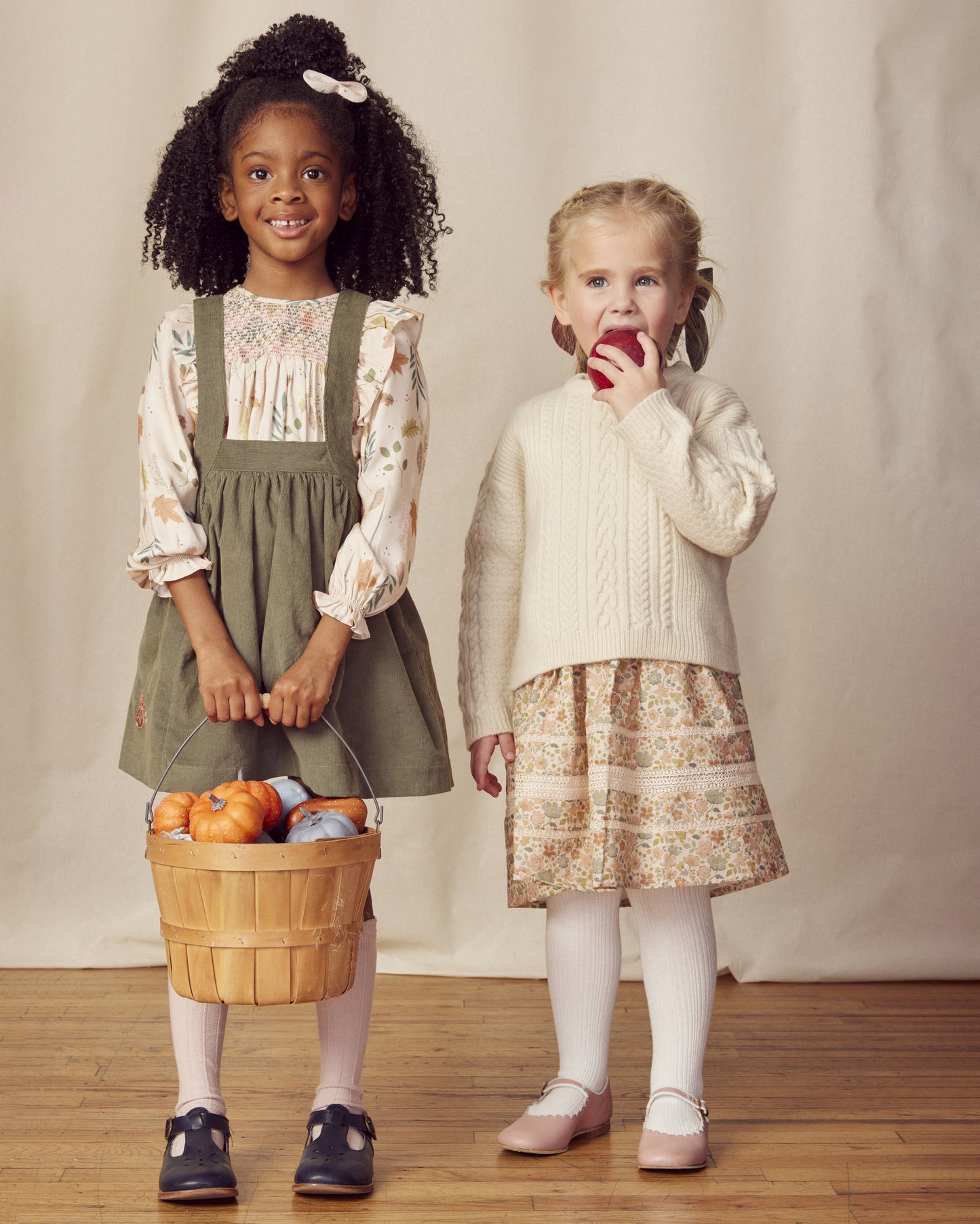 Early Sunday, Annie Skirt in Moss color, made from Cotton Corduroy fabric, featuring a relaxed fit with an elastic waistband & beautiful embroidery, shown in a front view of model wearing it