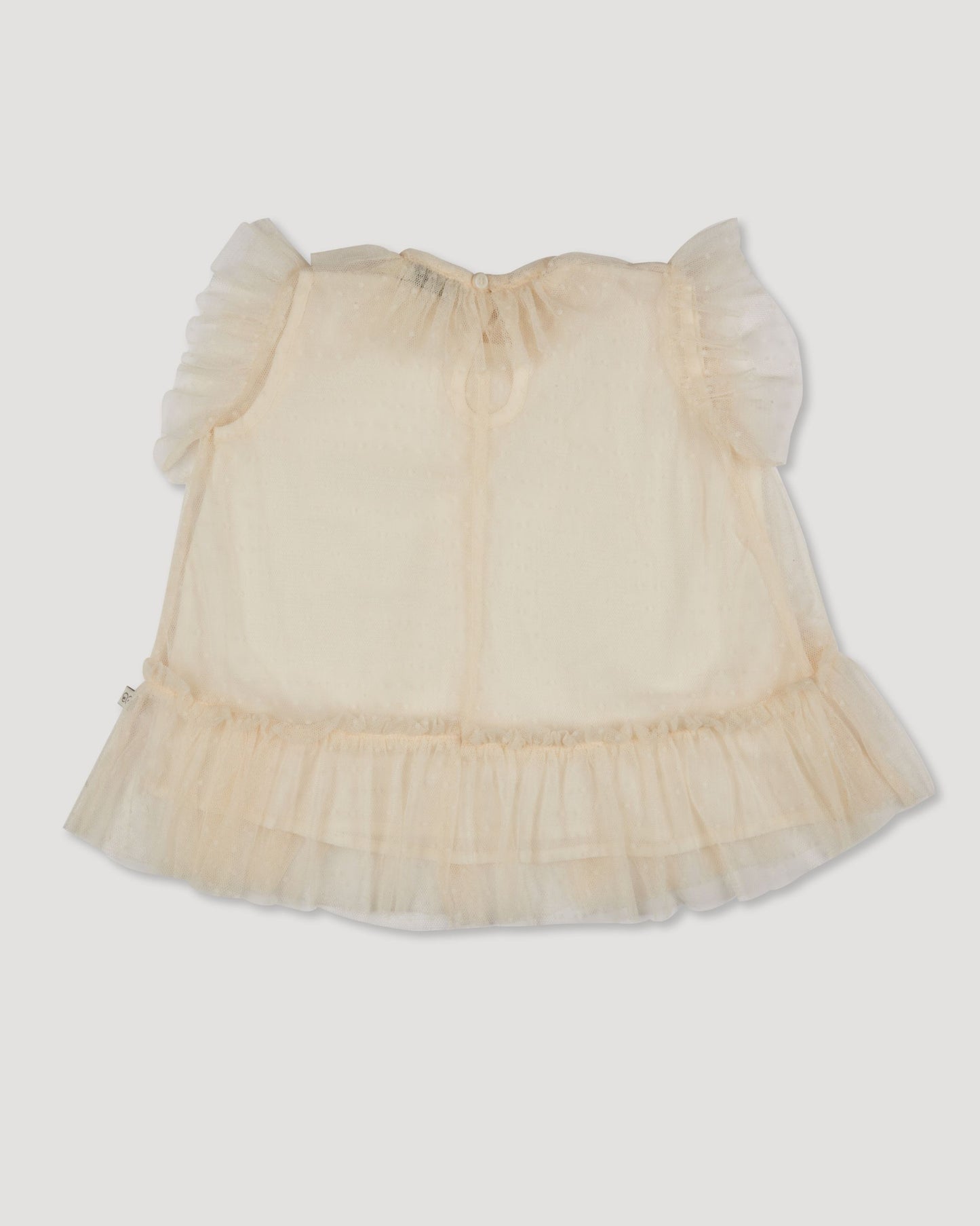 Early Sunday, Aurelia Dress in Hazelnut Cream, made from Dyed Nylon Mesh Dobby fabric, featuring Layered ruffles with flutter sleeves, shown in a back flat-lay view
