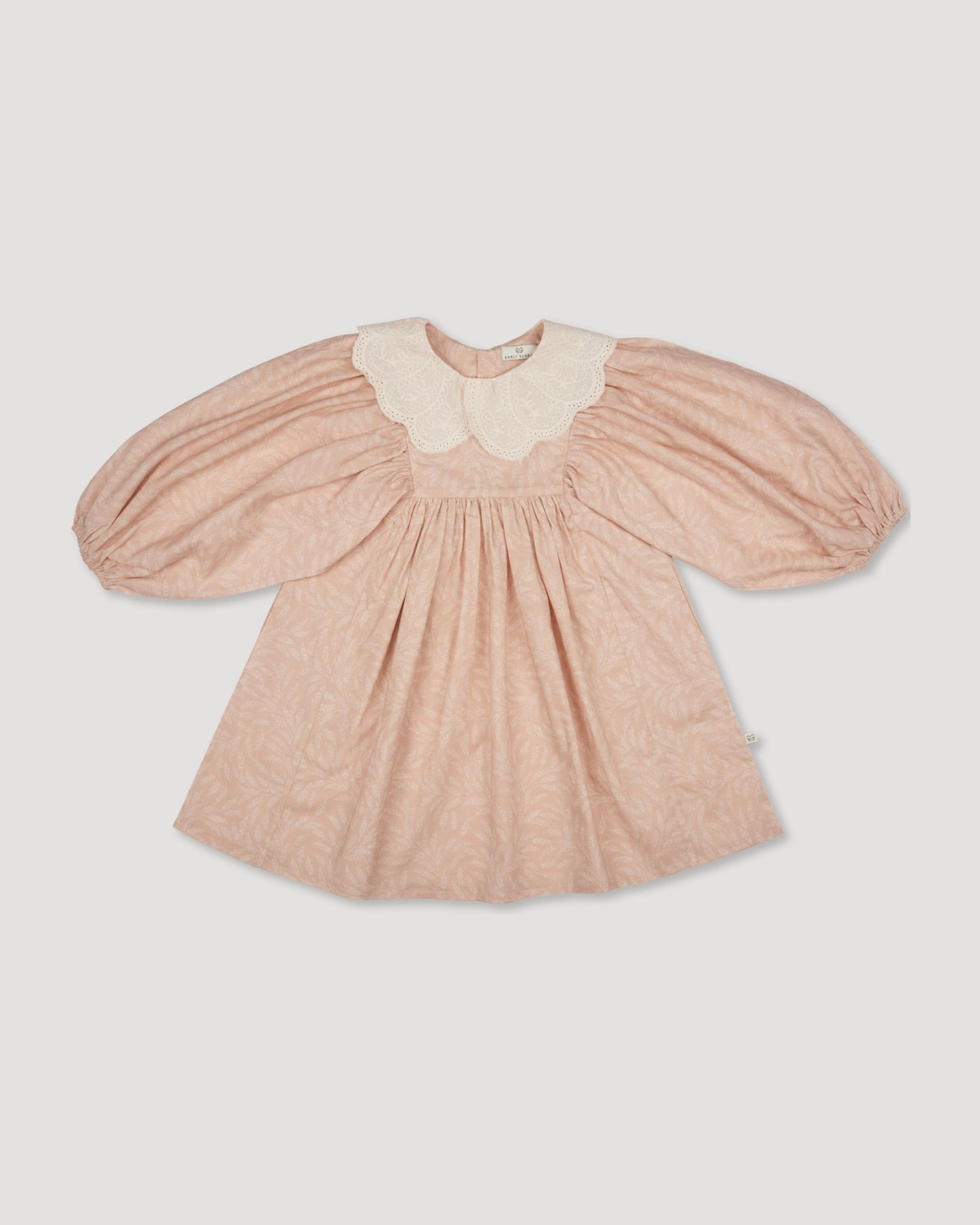 Early Sunday, Belle Dress in Feather print, made from Printed Cotton Cambric fabric, featuring Hand-embroidered floral bodice with voluminous puff sleeves for a soft, enchanting silhouette, shown in a front flat-lay view