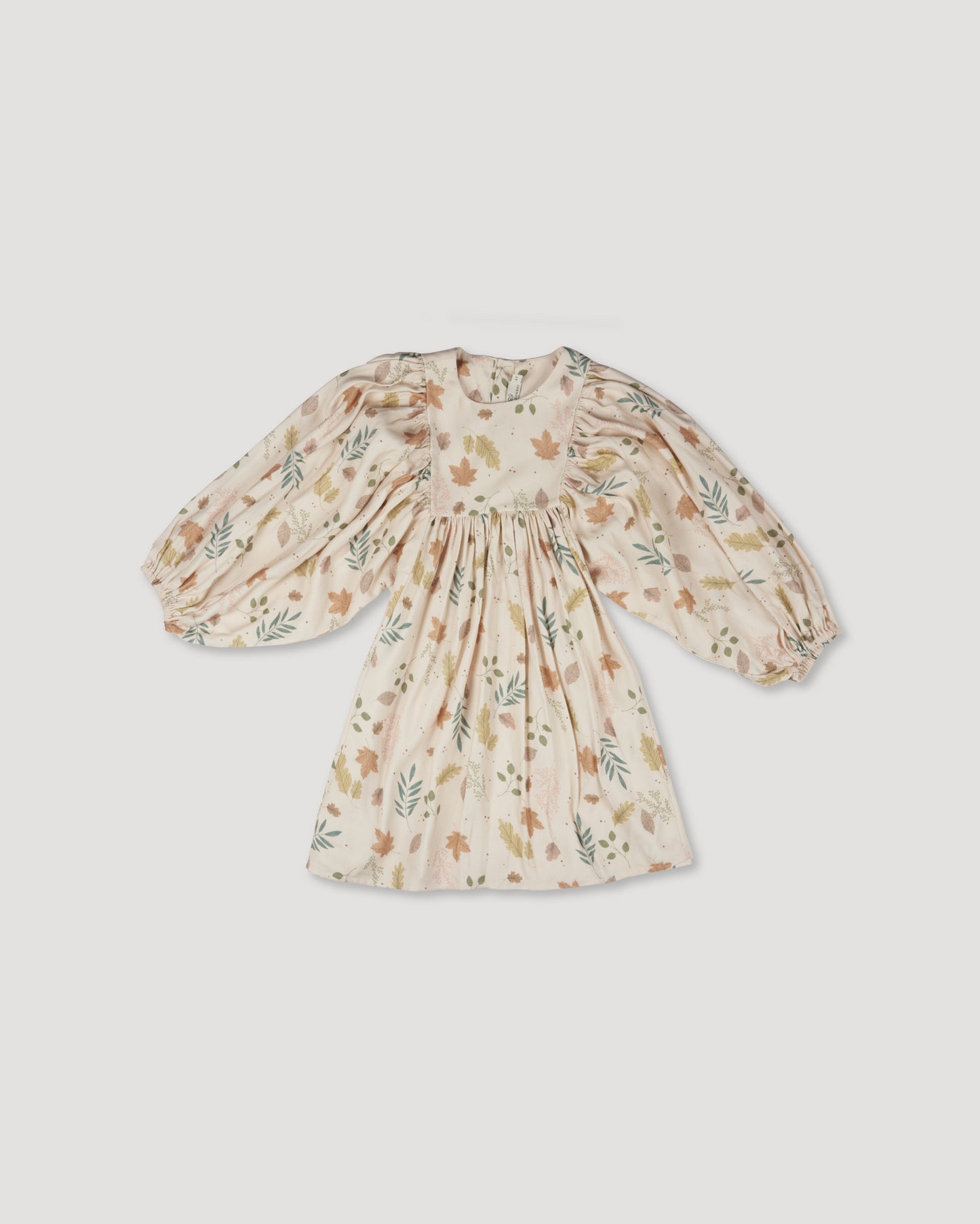 Early Sunday, Belle Dress in Falling Leaves Beige color, made from Printed Viscose Twill fabric, featuring a-line silhouette, bishop sleeves, back button closure, and mid-length, shown in a front flat-lay view