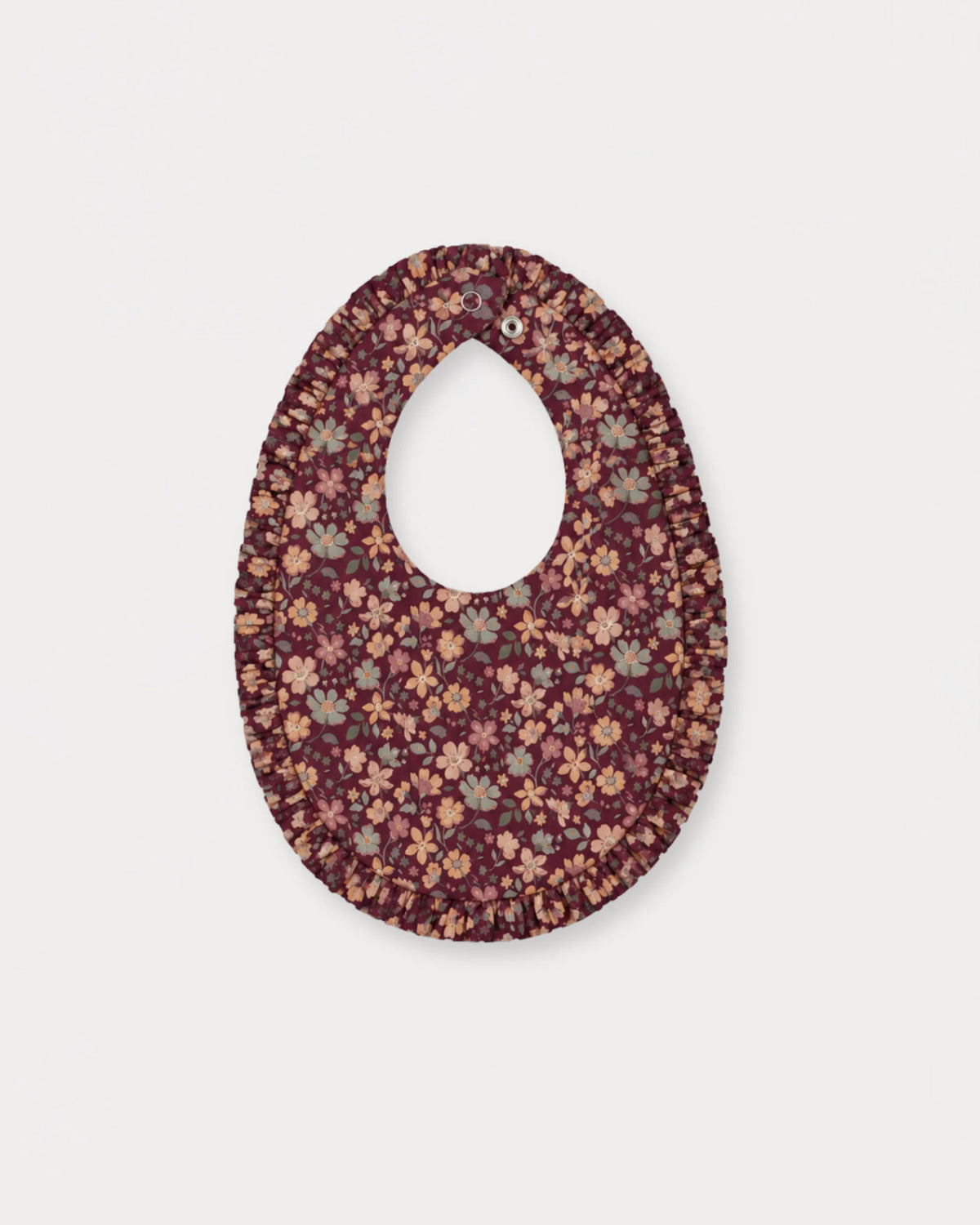 Early Sunday, Bib in Garden Flowers Plum, made from Printed Cotton Satin fabric, featuring featuring a soft and comfortable design with an adjustable fit, shown in a back flat-lay view