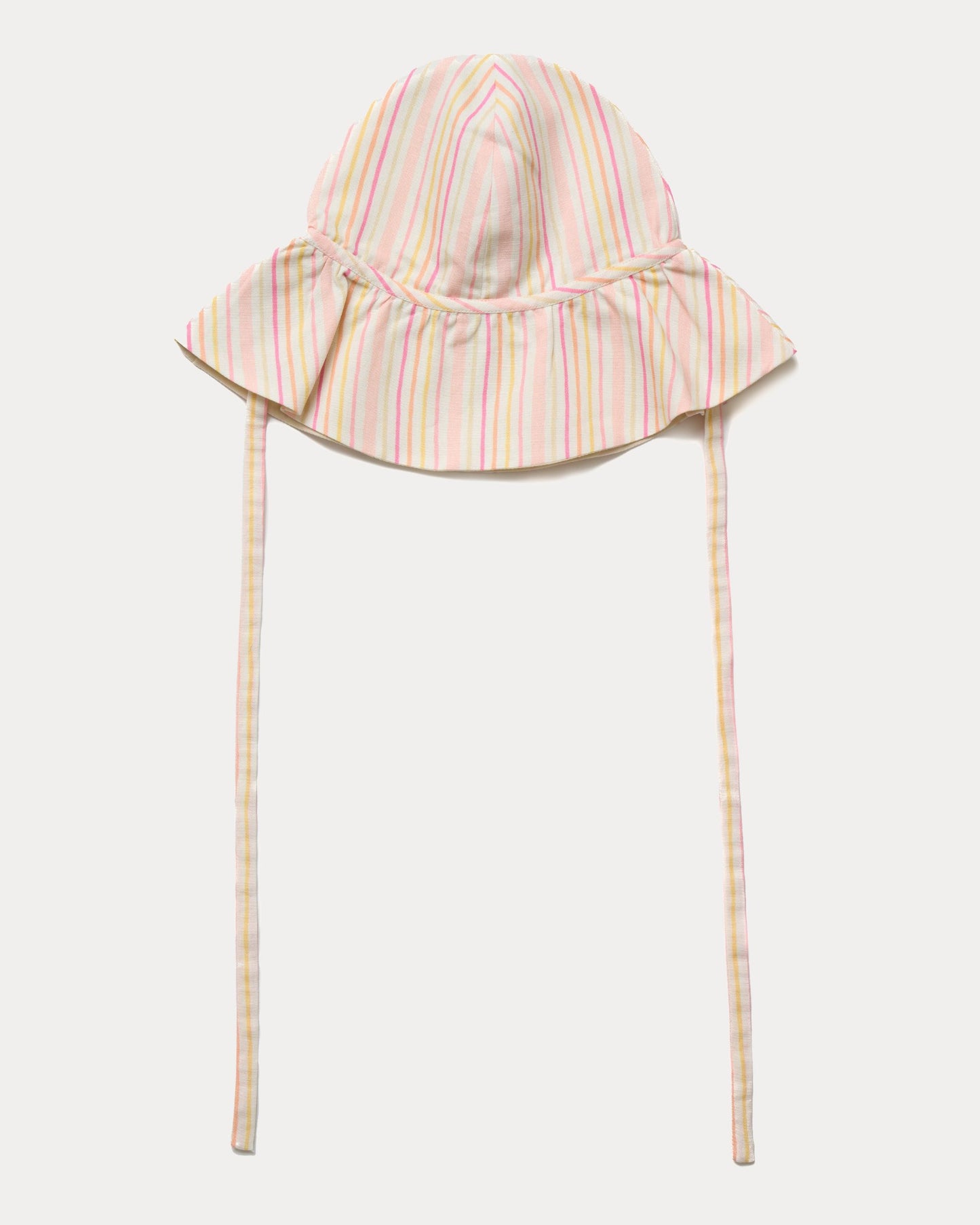 Early Sunday, Bonnie Hat Cap in Pink Stripes print, made from 70% Cotton, 30% Linen fabric, shown in a front flat-lay view with wide brim and tie straps