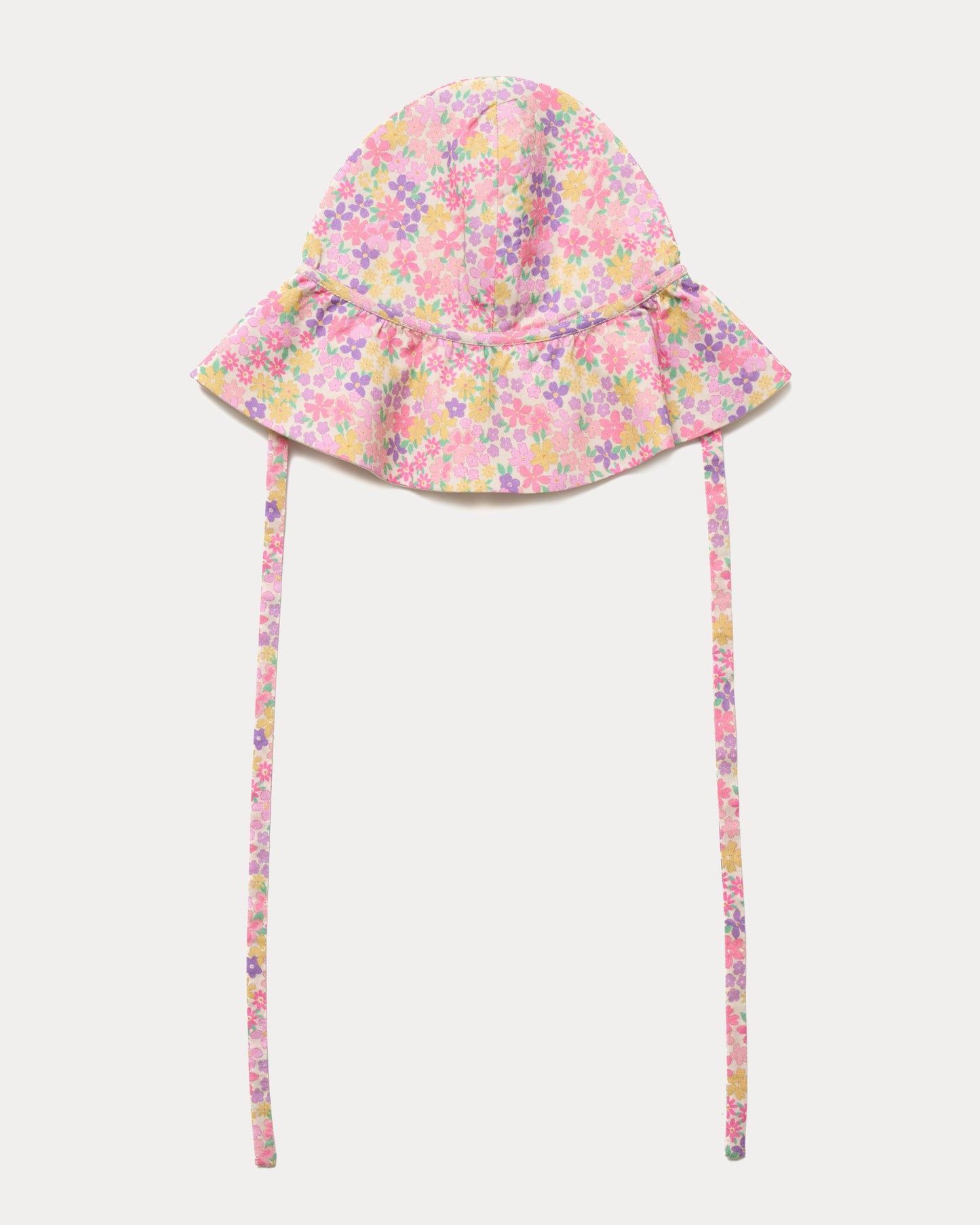 Early Sunday, Bonnie Hat Cap in Emma Floral Purple color, made from Organic Printed Cotton Cambric fabric, shown in a front flat-lay view with wide brim and tie straps