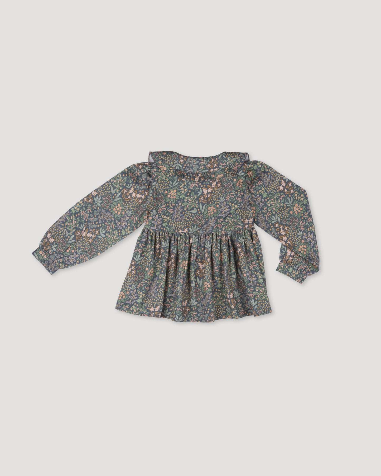 Early Sunday, Colette Blouse in Autumn Garden Greyish Blue, made from Printed Cotton Satin fabric, featuring relaxed fit, classic collar, and button-down front, shown in a back flat-lay view
