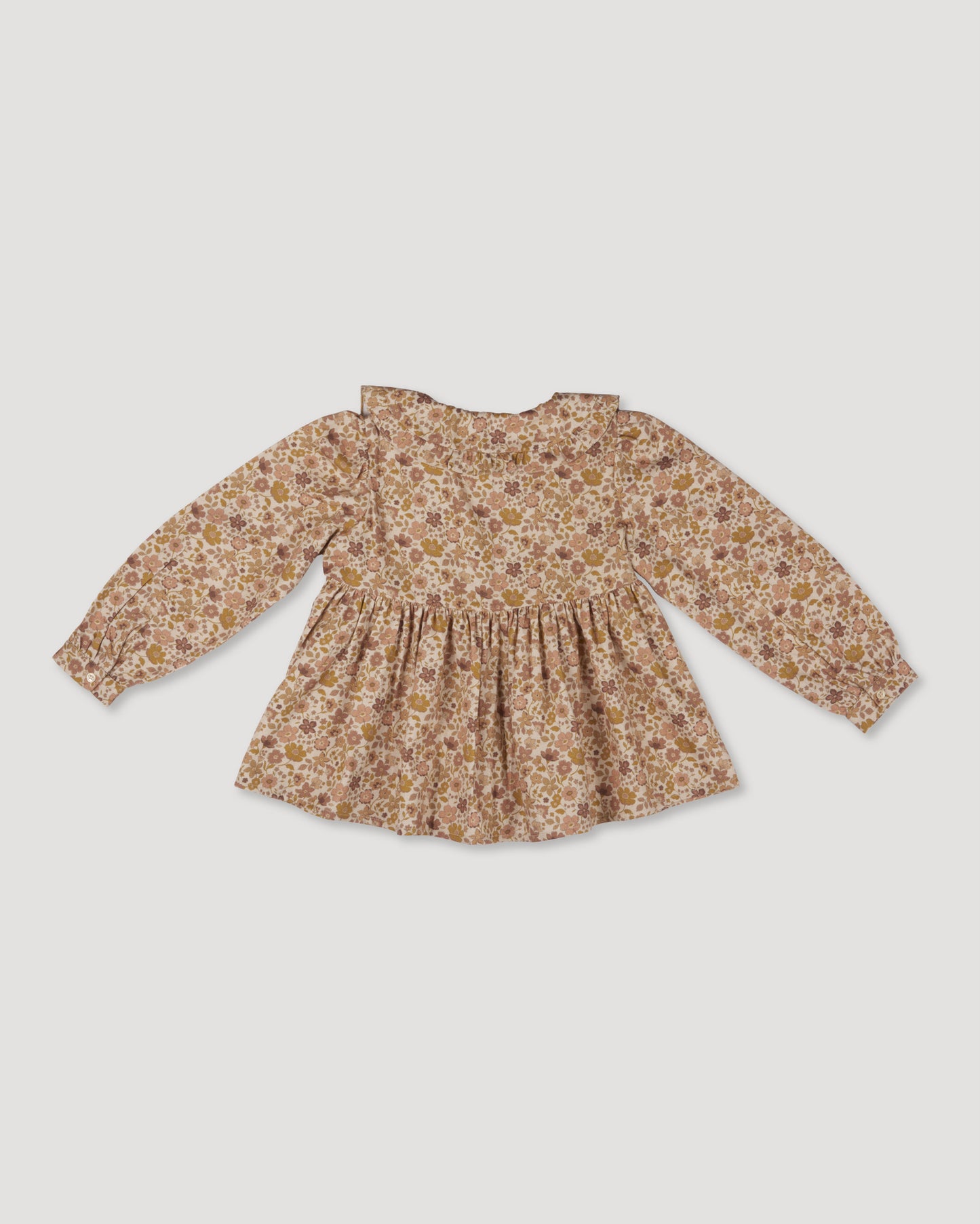 Early Sunday, Colette Blouse in Garden Flowers Dusty Pink, made from Printed Cotton Satin fabric, featuring relaxed fit, classic collar, and button-down front, shown in a back flat-lay view