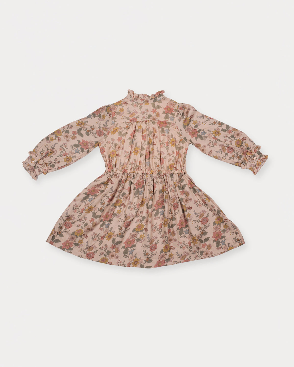 Early Sunday, Dawn Dress in Bloom, made from Printed Viscose Twill fabric, featuring a soft flowing hem, shown in a back flat-lay view