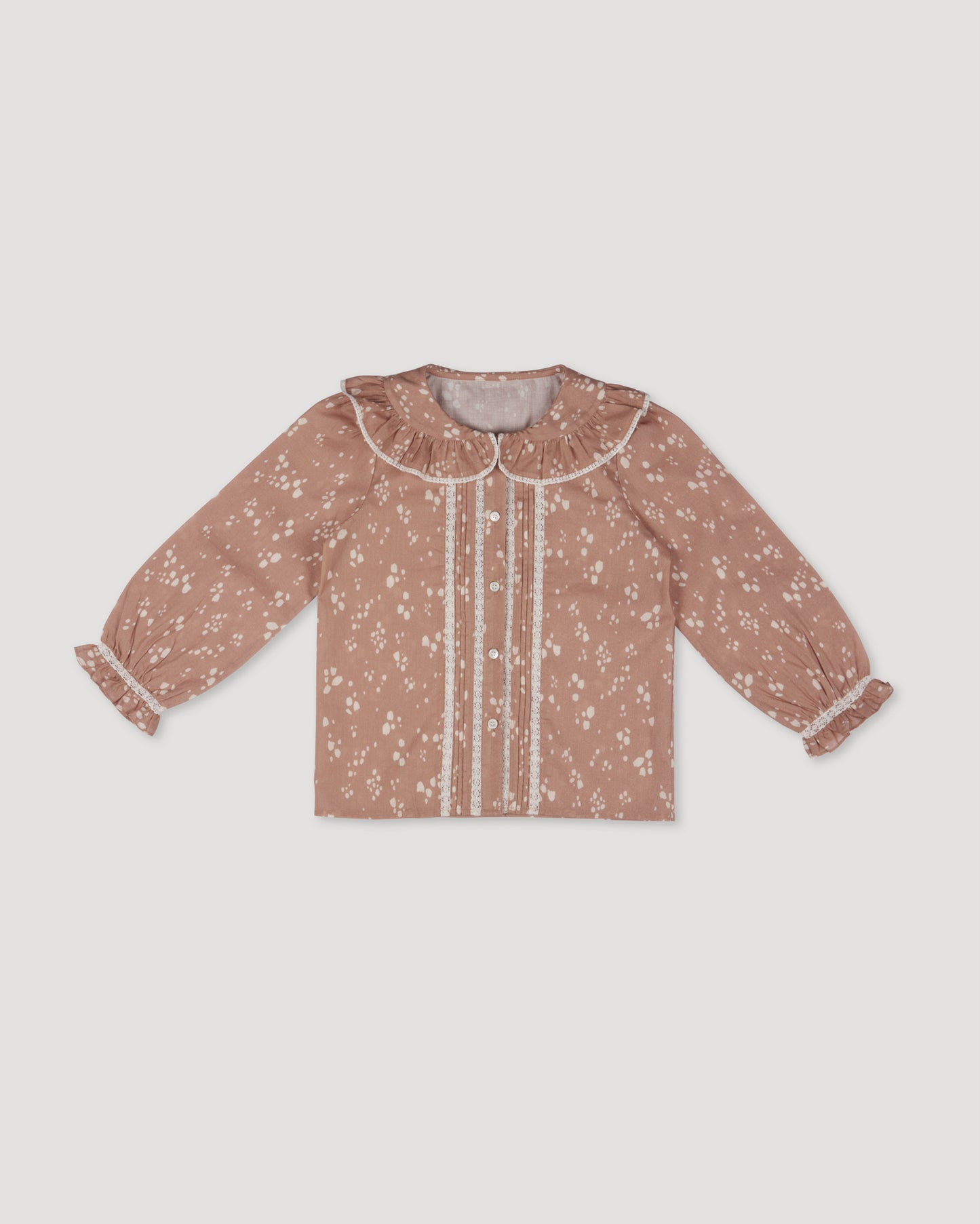 Early Sunday, Ella Blouse in Fawn Soft Pinkish Brown, made from Printed Cotton Cambric fabric, featuring relaxed fit, frill detailing on the collar, and lace inserts, shown in a front flat-lay view