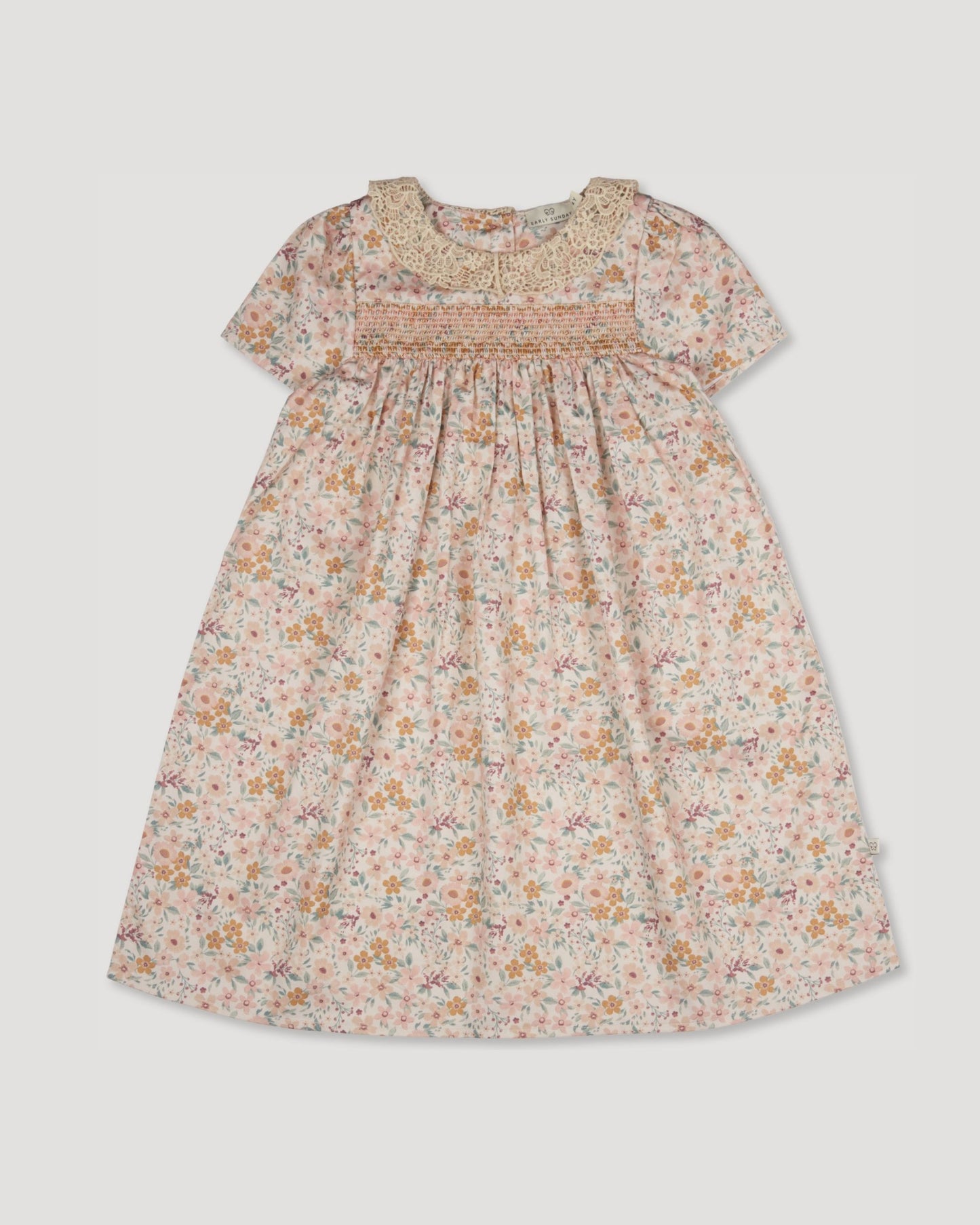 Early Sunday, Erika Dress in Floral print, made from Printed Cotton Satin fabric, featuring Flowy A-line silhouette allows ease of movement and day-long comfort, shown in a front flat-lay view