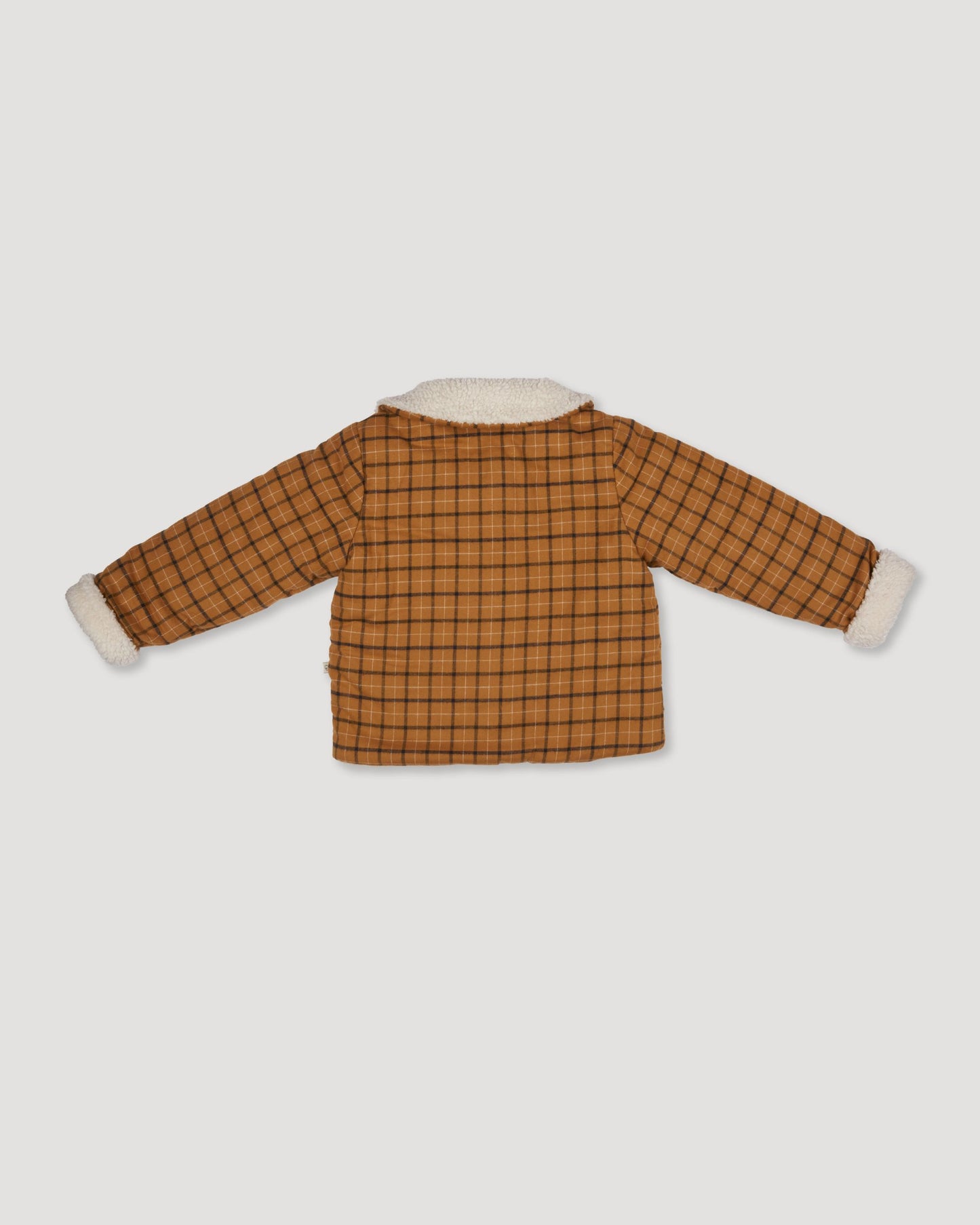 Early Sunday, Franka Jacket in Almond Checks, made from Cotton Yarn Dyed Brushed Checks fabric, featuring Cozy, softly structured jacket with a plush sherpa lining and gentle detailing for warmth without bulk, shown in a back flat-lay view