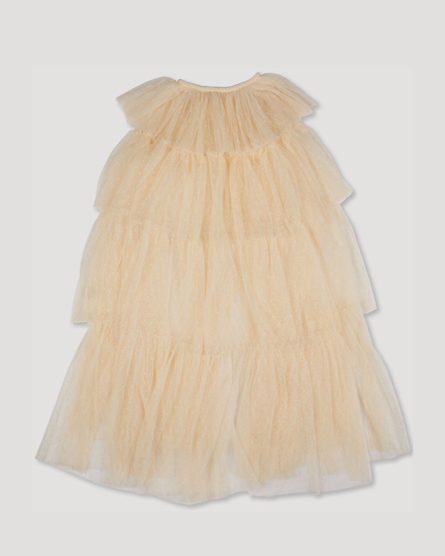 Early Sunday, Grace Cape in Hazelnut Cream, made from Dyed Nylon Mesh Dobby fabric, featuring Tiered ruffles create volume and whimsical movement, shown in a front flat-lay view