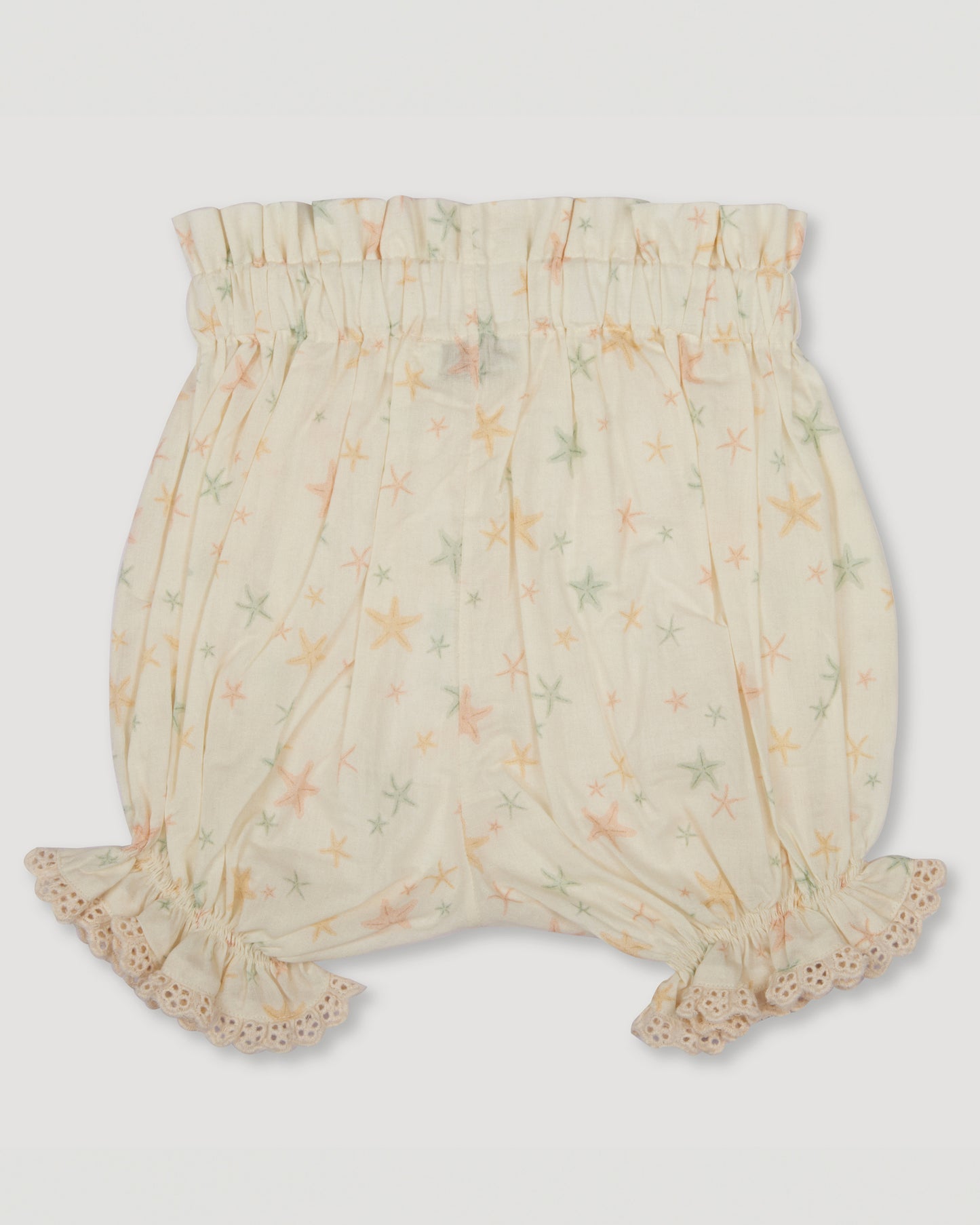 Early Sunday, Holly Baby Shorts in Star Fish print, made from Printed Cotton Cambric fabric, featuring wide brim for sun protection, designed to be lightweight and comfortable for all-day wear, shown in a front flat-lay view