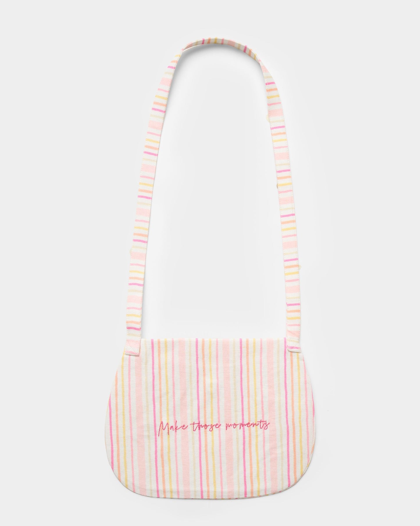 Early Sunday, Hudson Purse in Pink Stripes print, made from 70% Cotton, 30% Linen fabric, featuring a gathered sling purse design with a flap closure, shown in a back flat-lay view