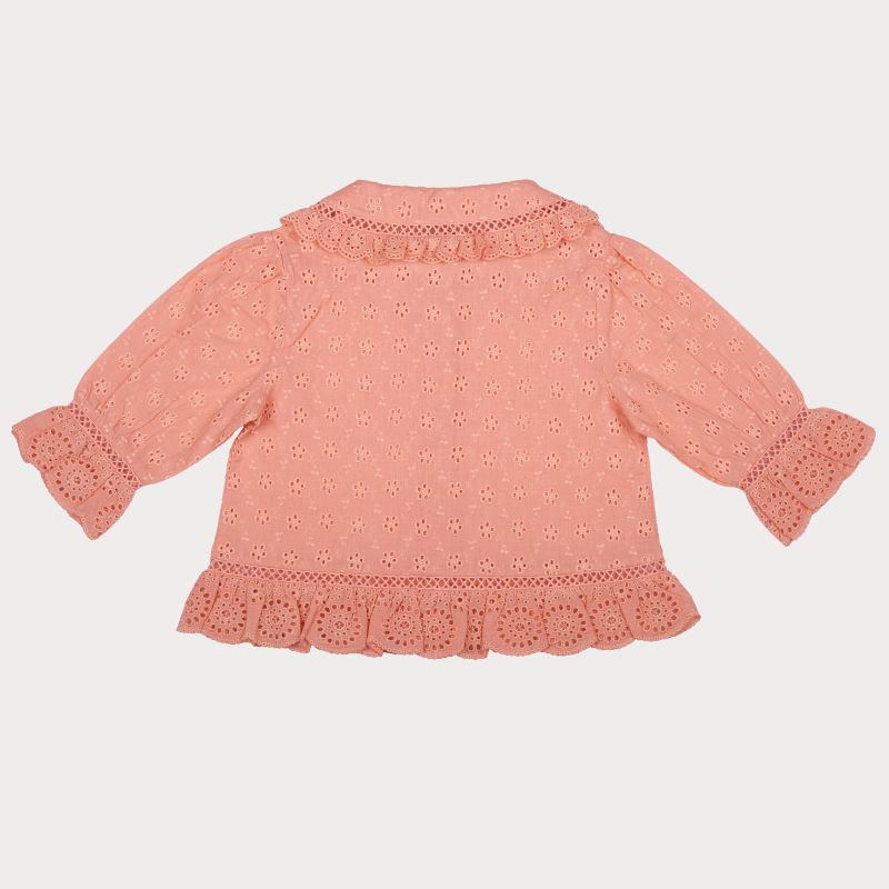 Early Sunday, Iris Blouse in Strawberry color, made from All-Over Eyelet Embroidered Cotton Schifflie fabric, featuring relaxed fit with delicate detailing for a timeless and feminine look, shown in a back flat-lay view