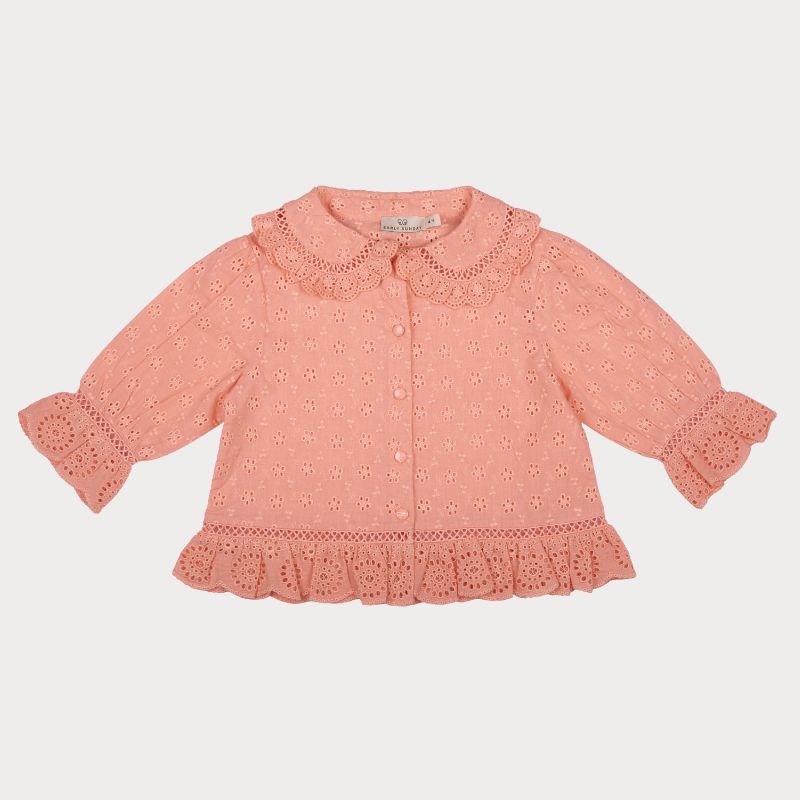 Early Sunday, Iris Blouse in Strawberry color, made from All-Over Eyelet Embroidered Cotton Schifflie fabric, featuring relaxed fit with delicate detailing for a timeless and feminine look, shown in a front flat-lay view