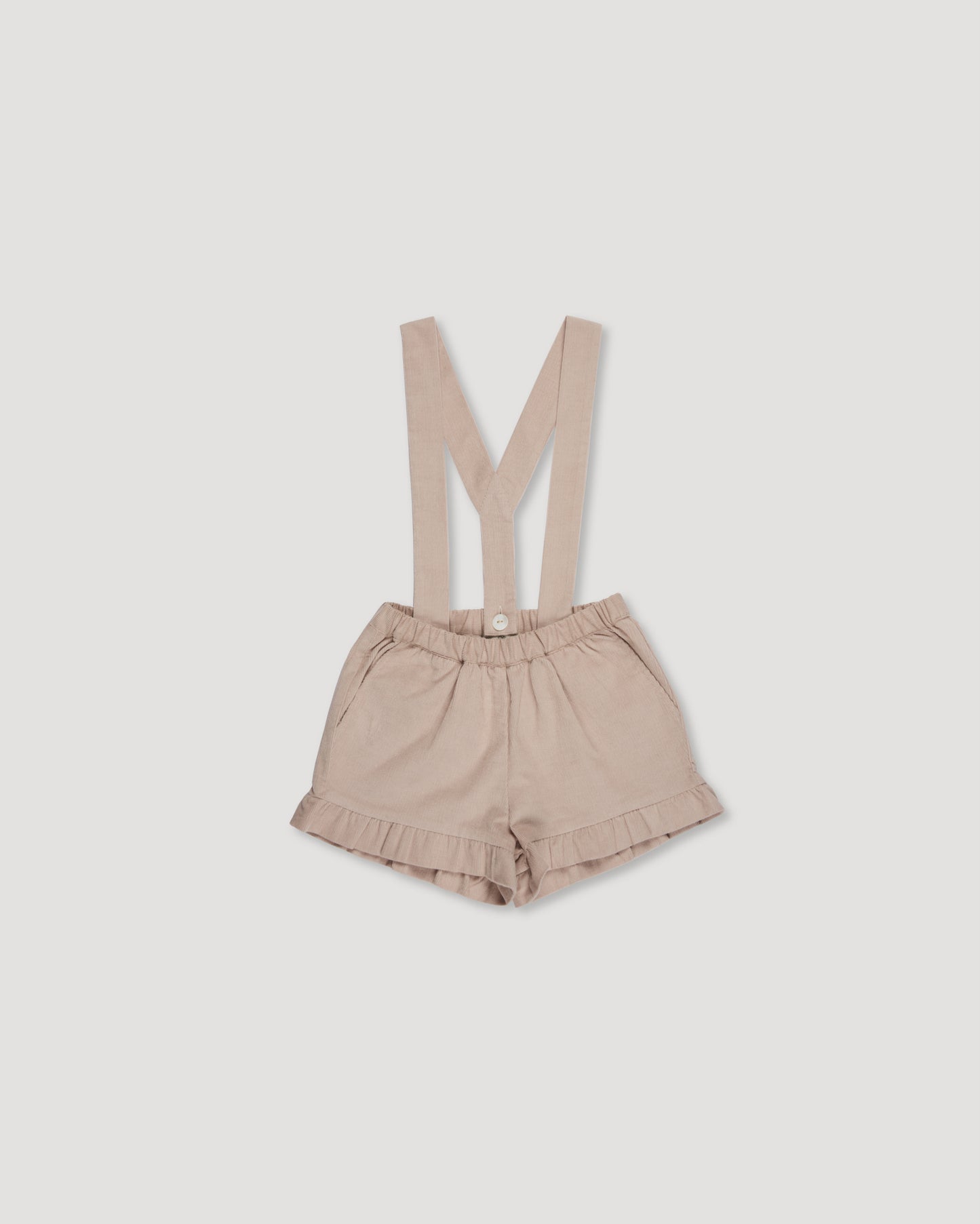 Early Sunday, Joseph Short Dungaree in Beige, made from Cotton Corduroy fabric, featuring short dungaree with adjustable straps, shown in a front flat-lay view