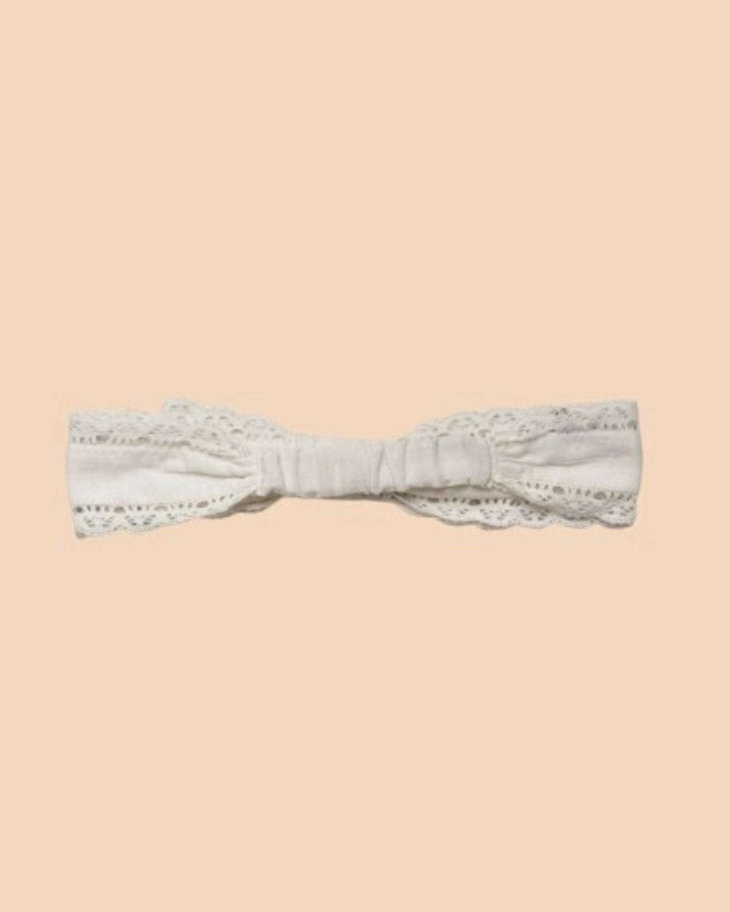 Early Sunday, Lace Headband in Ivory color, made from All-Over Embroidered fabric, featuring a soft lace headband with delicate swiss dot texture, shown in back flat-lay view