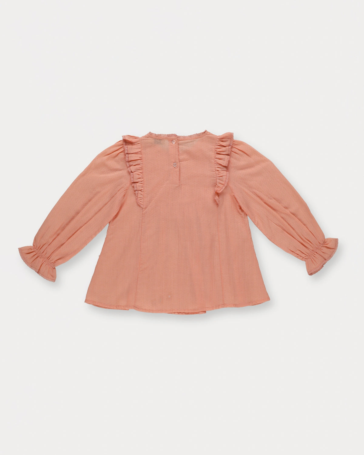 Early Sunday, Lauren Blouse in Blush, made from Cotton Jeera Dobby Voile fabric, featuring layered lace-trimmed ruffles and delicate pintuck detailing on the yoke, shown in a back flat-lay view