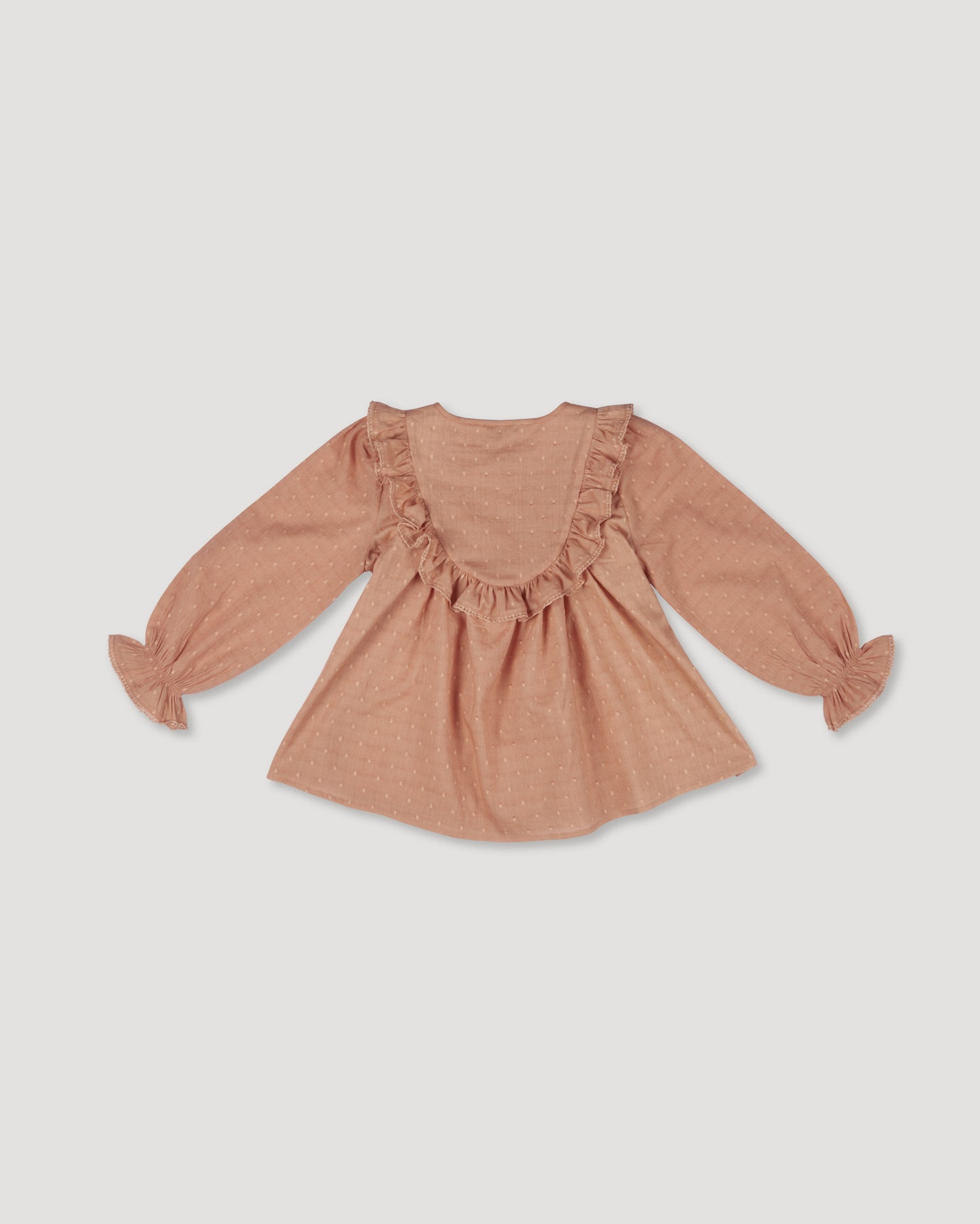 Early Sunday, Lauren Blouse in Earthy Pink, made from Cotton Swiss Dobby fabric, featuring relaxed fit with a floral embroidered yoke, shown in a back flat-lay view