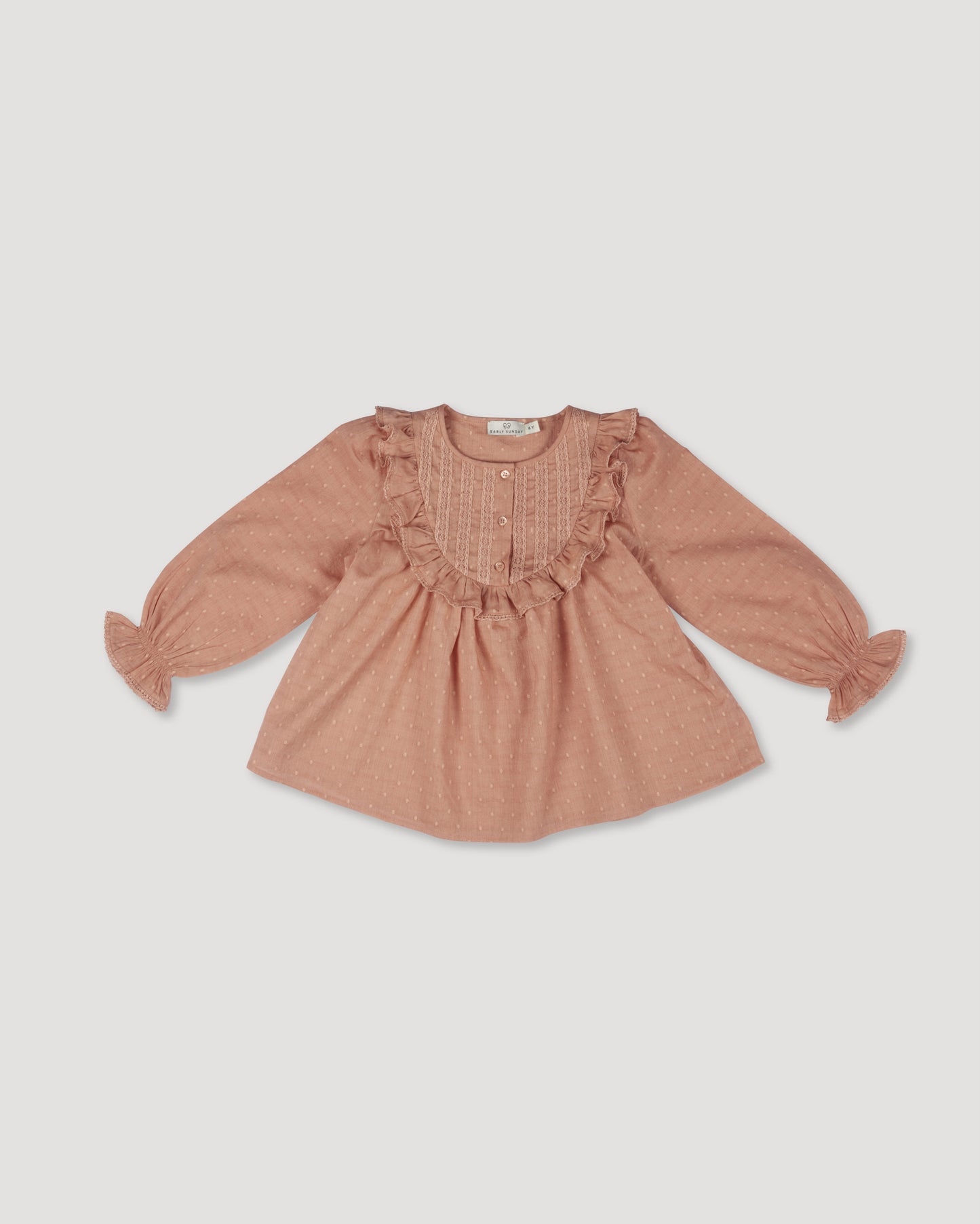 Early Sunday, Lauren Blouse in Earthy Pink, made from Cotton Swiss Dobby fabric, featuring relaxed fit with a floral embroidered yoke, shown in a front flat-lay view