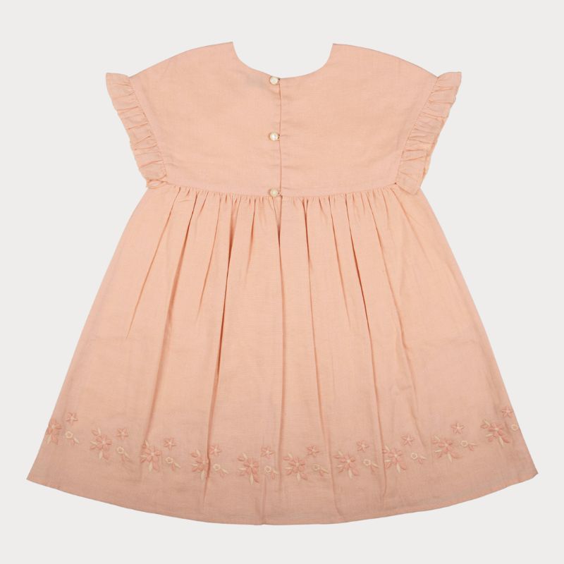 Early Sunday, Lila Dress in Pink Sand color, made from Canvas 70% Cotton 30% Linen fabric, featuring a flattering mini dress with a relaxed fit, designed for comfort and effortless style, shown in a back flat-lay view