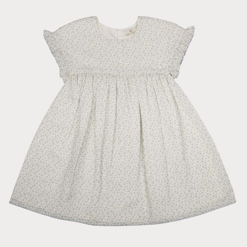 Early Sunday, Lila Dress in Mini Flower print, made from Printed canvas 70% Cotton 30% Linen fabric, featuring a flattering mini dress with a relaxed fit, designed for comfort and effortless style, shown in a front flat-lay view