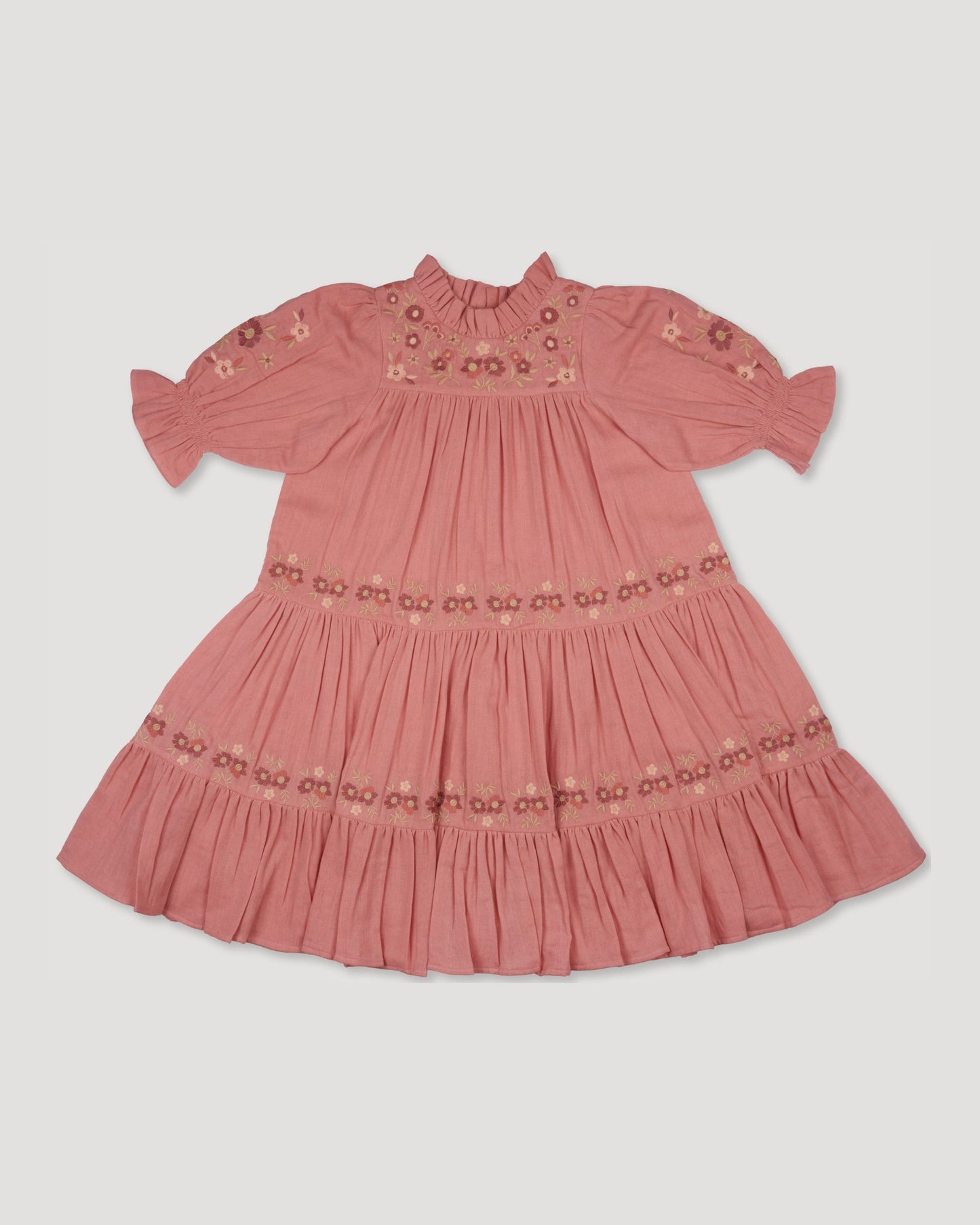 Early Sunday, Lilly Dress in Rose, made from Dyed Cotton Double Gauze fabric, featuring Delicate floral embroidery placed softly across the dress for a timeless, heirloom-inspired finish, shown in a front flat-lay view
