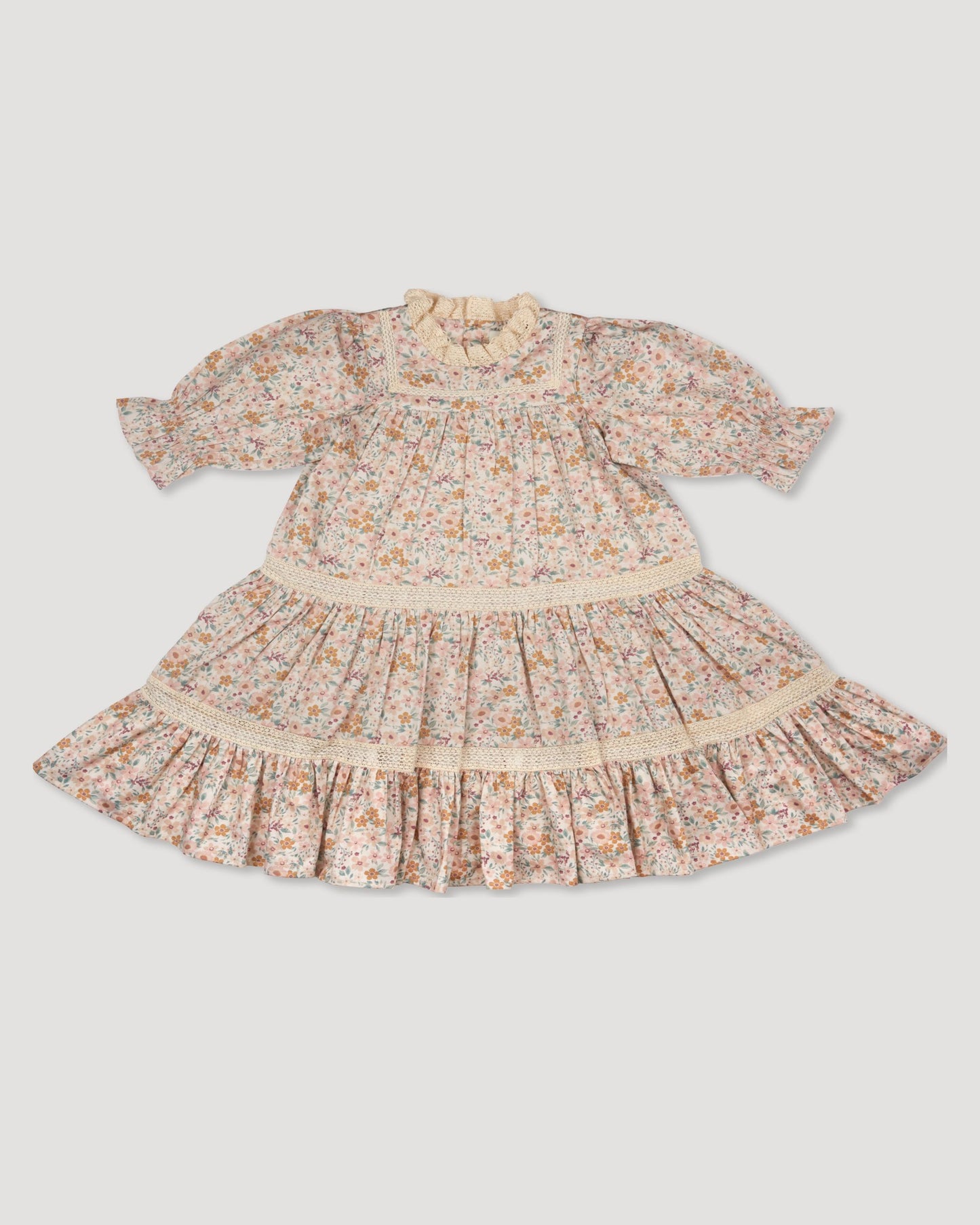Early Sunday, Lilly Dress in Floral print, made from Printed Cotton Satin fabric, featuring Delicate floral embroidery placed softly across the dress for a timeless, heirloom-inspired finish, shown in a front flat-lay view
