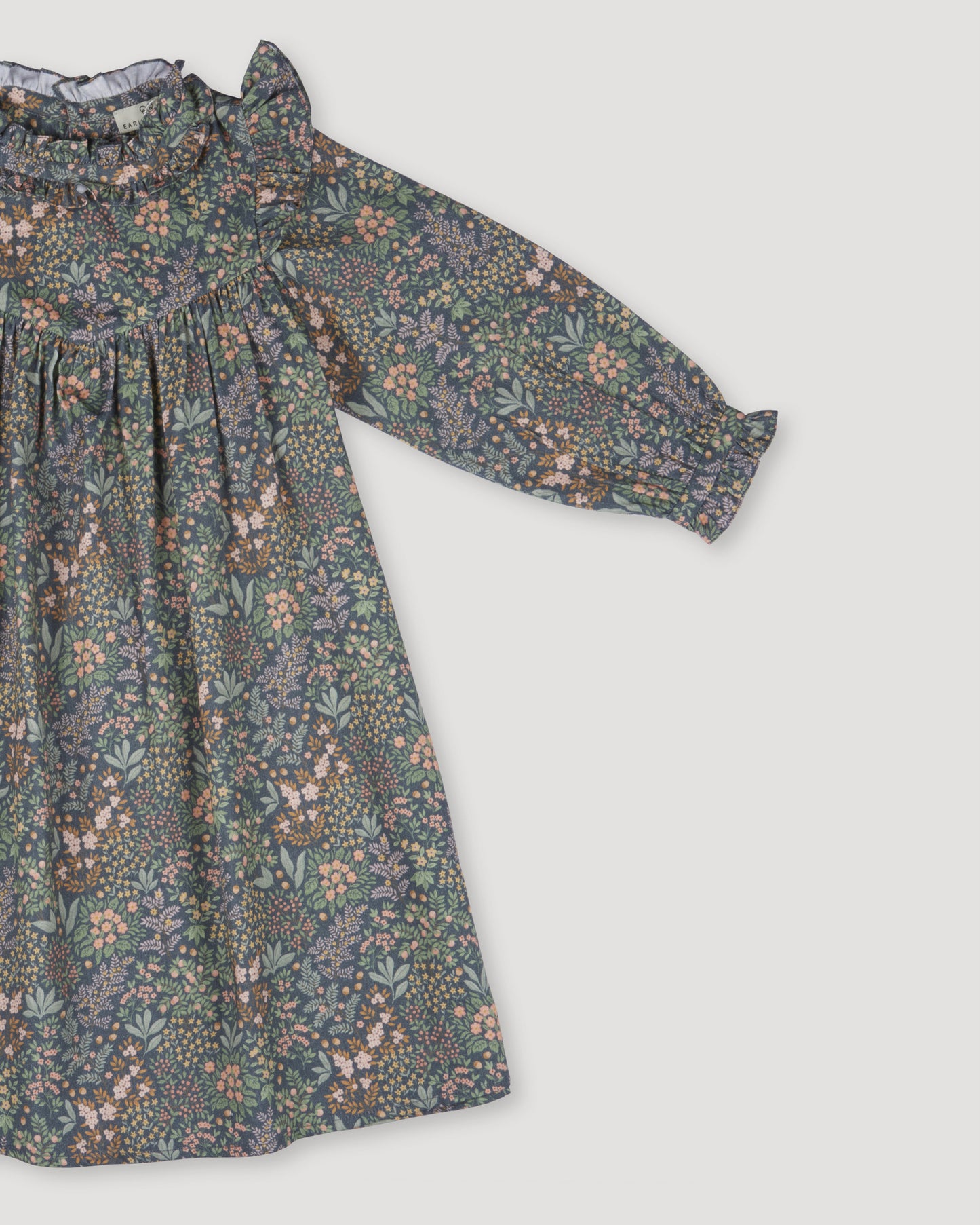Early Sunday, Louise Dress in Autumn Garden Greyish Blue, made from Printed Cotton Satin fabric, featuring classic silhouette with a charming print, shown in a closeup flat-lay view