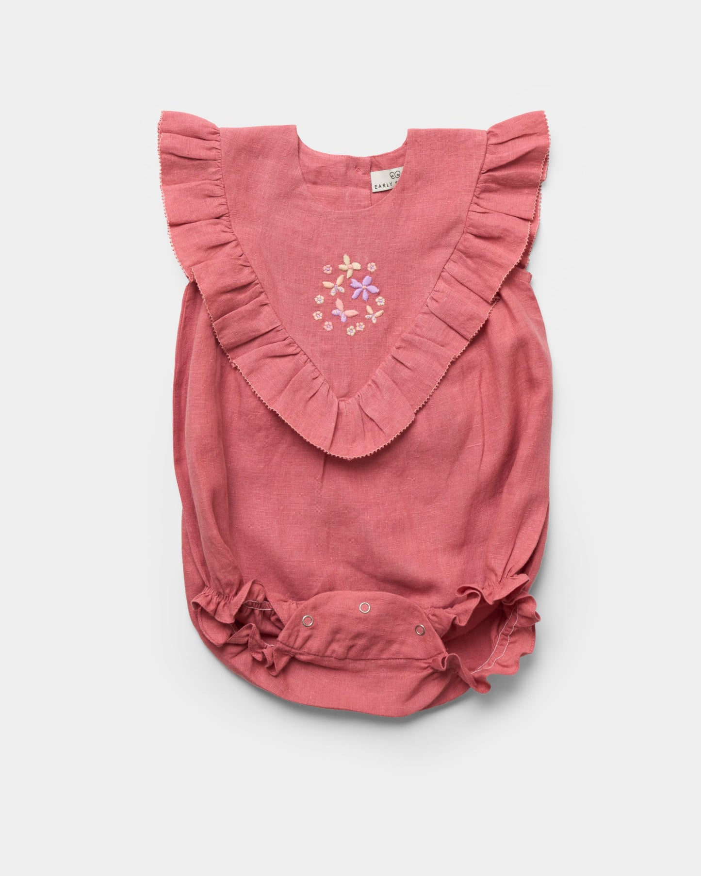Early Sunday, Lucy Baby Bubble Romper in Peony color, made from 70% Cotton 30% Linen fabric, featuring a bubble pattern with beautiful embroidery, shown in a front flat-lay view