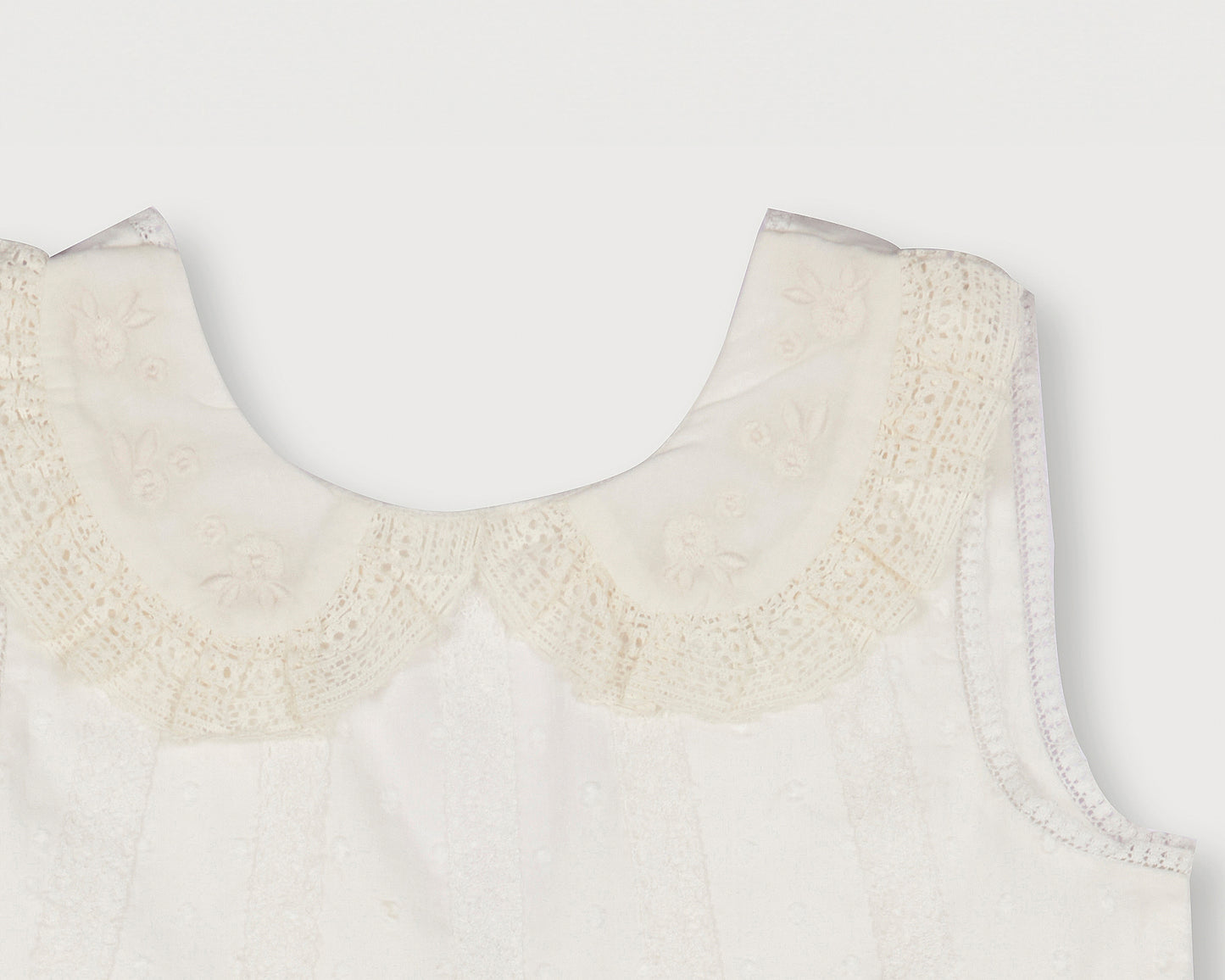 Early Sunday, LYS Dress in Ivory color, made from Cotton Dobby Swiss Dots fabric, featuring flattering fit with delicate finishes, combining style and functionality for an effortlessly elegant look, shown in a closeup flat-lay view