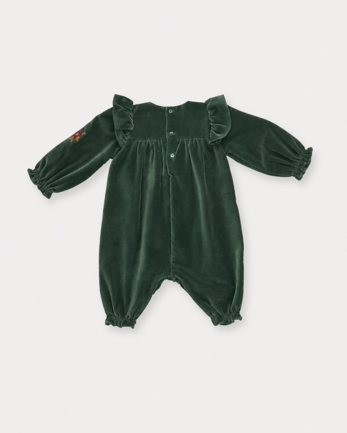 Early Sunday, Maggie Baby Overall Romper in Forest Green, made from Cotton Velvet Velour's fabric, featuring a floral embroidery with frilled sleeves across shoulder, shown in a back flat-lay view