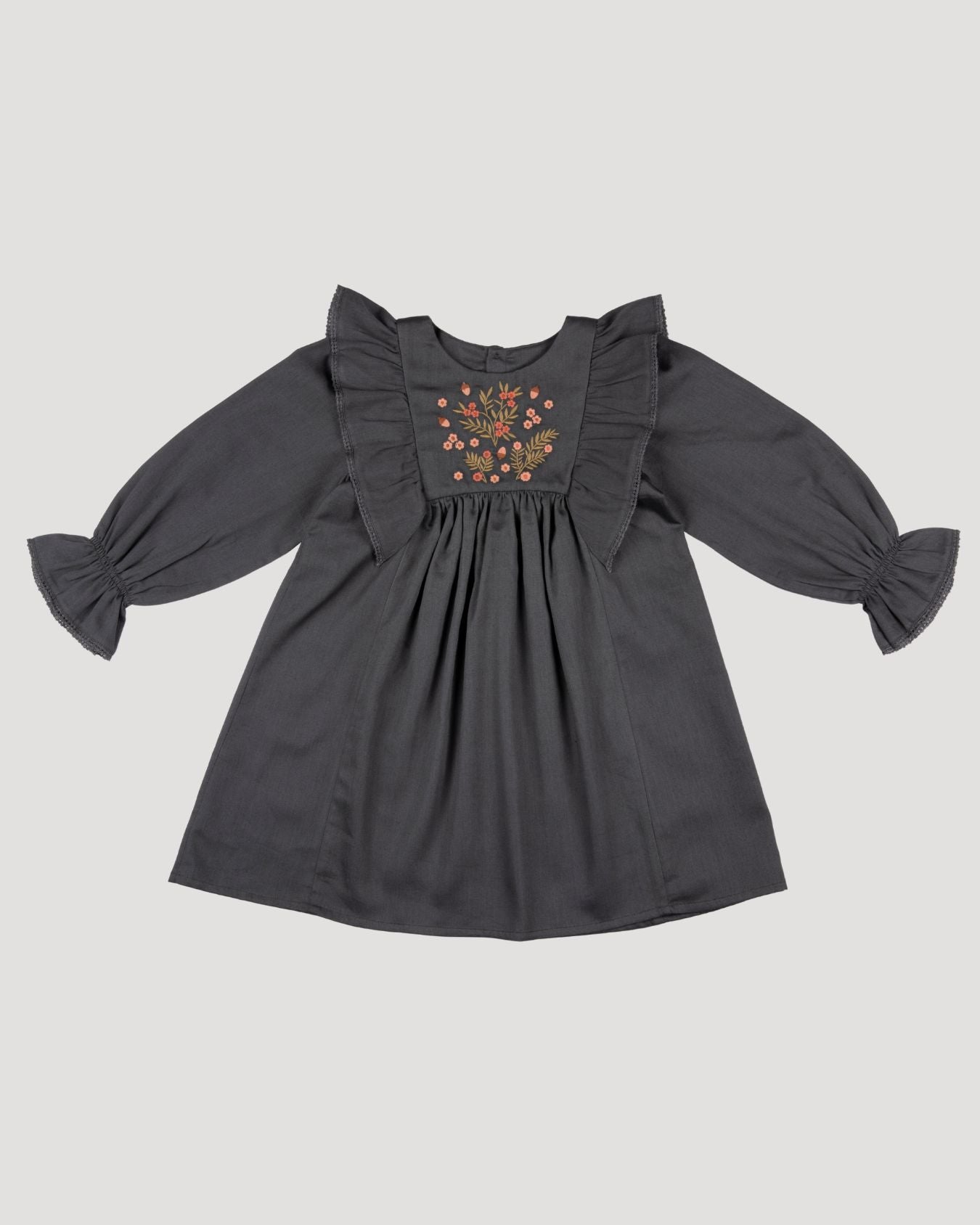 Early Sunday, Margot Dress in Stormy Blue, made from Cotton Satin fabric, featuring classic silhouette with floral embroidery around the yoke and ruffle detailing, shown in a front flat-lay view