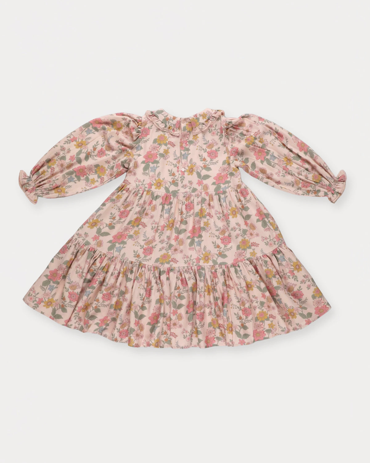 Early Sunday, Marguerite Dress in Bloom, made from Printed Viscose Twill fabric, featuring floral embroidery with frilled Peter Pan collar and gathered sleeves, shown in a back flat-lay view