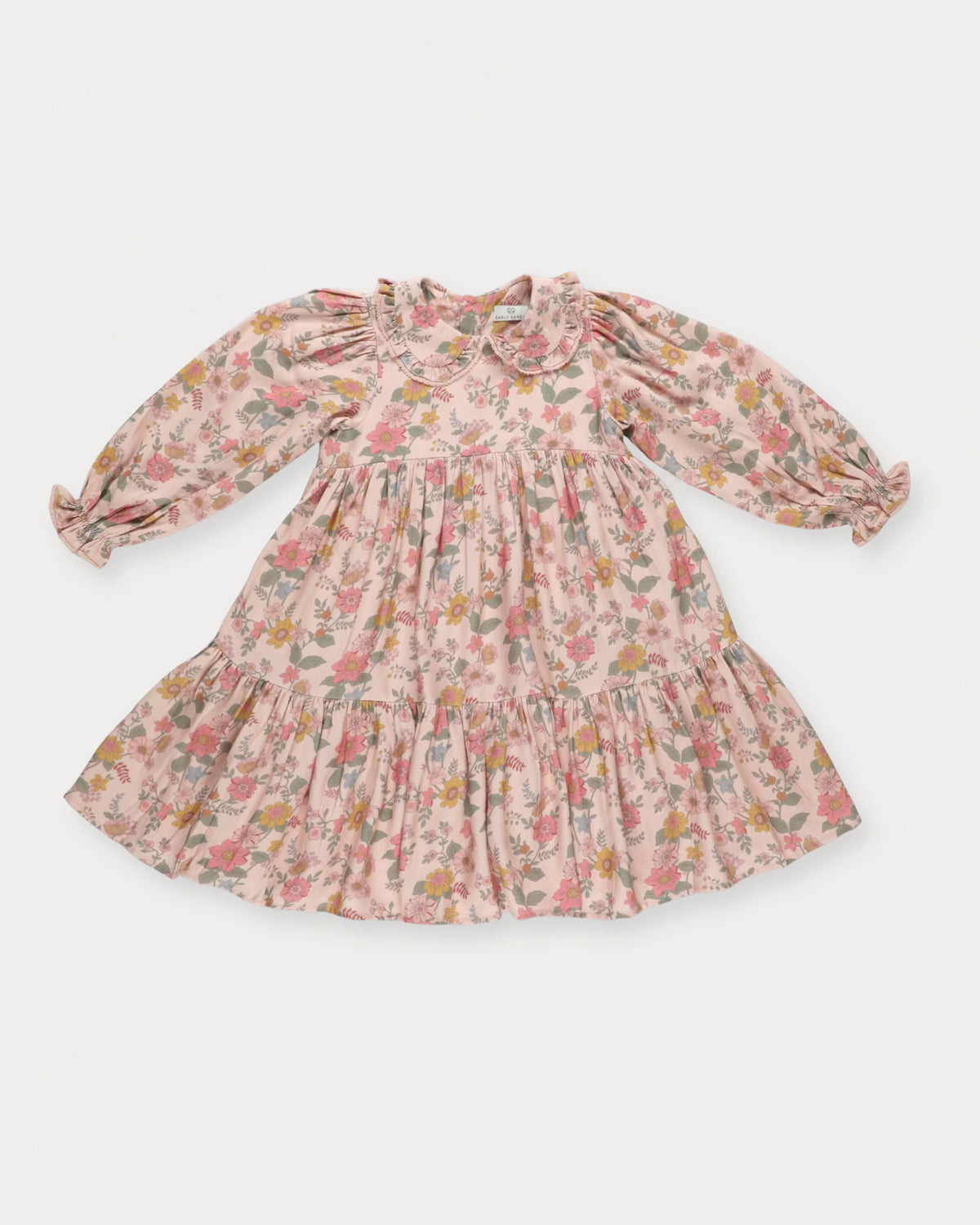 Early Sunday, Marguerite Dress in Bloom, made from Printed Viscose Twill fabric, featuring floral embroidery with frilled Peter Pan collar and gathered sleeves, shown in a front flat-lay view