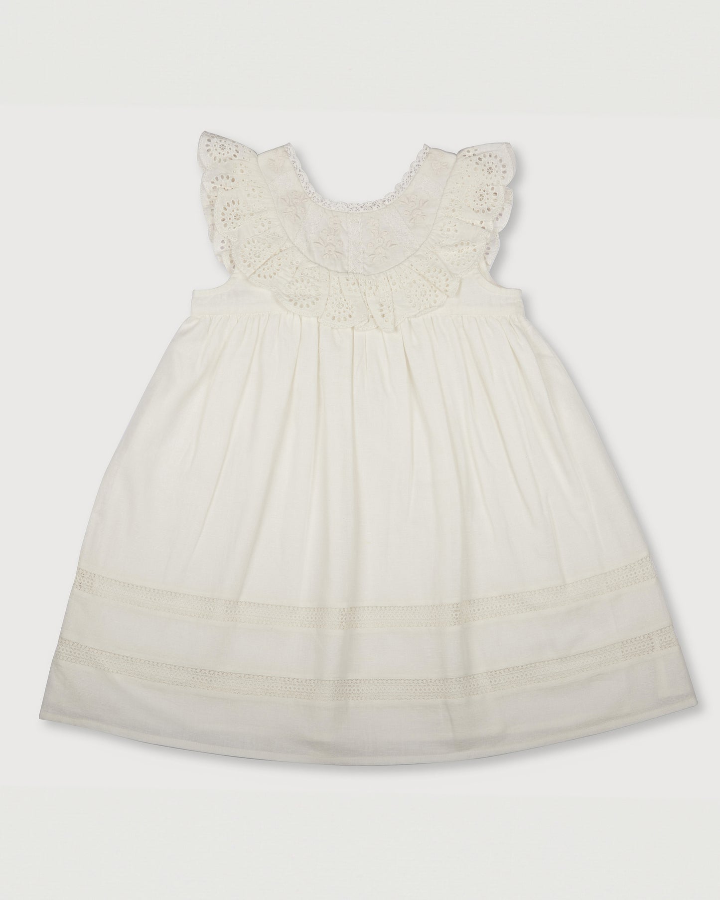 Early Sunday, Natasha Dress in Ivory color, made from 70% Cotton x 30% Linen fabric, featuring flattering fit with delicate finishes, combining style and functionality for an effortlessly elegant look, shown in a front flat-lay view
