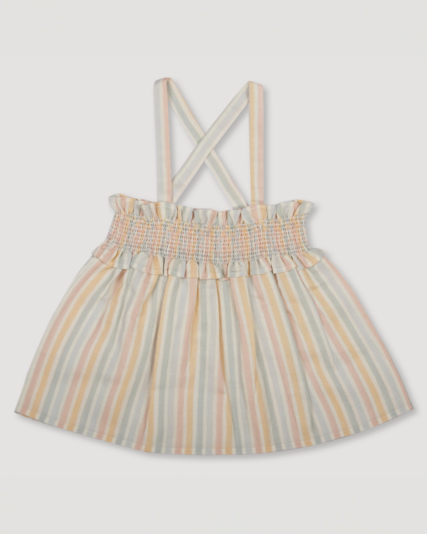 Early Sunday, Olivia Blouse in Summer Stripe, made from Printed canvas 70% Cotton 30% Linen fabric, featuring smocked bodice for a flexible fit, cross-back straps and a flared hem, shown in a back flat-lay view