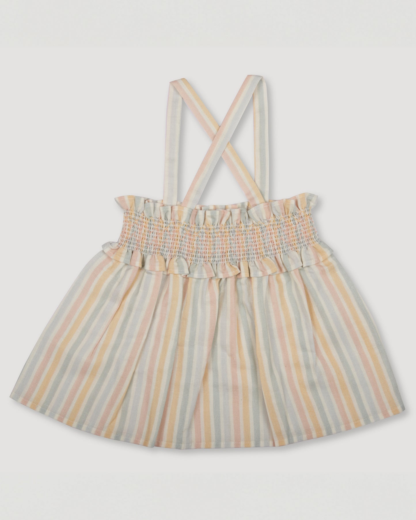 Early Sunday, Olivia Blouse in Summer Stripe, made from Printed canvas 70% Cotton 30% Linen fabric, featuring smocked bodice for a flexible fit, cross-back straps and a flared hem, shown in a front flat-lay view
