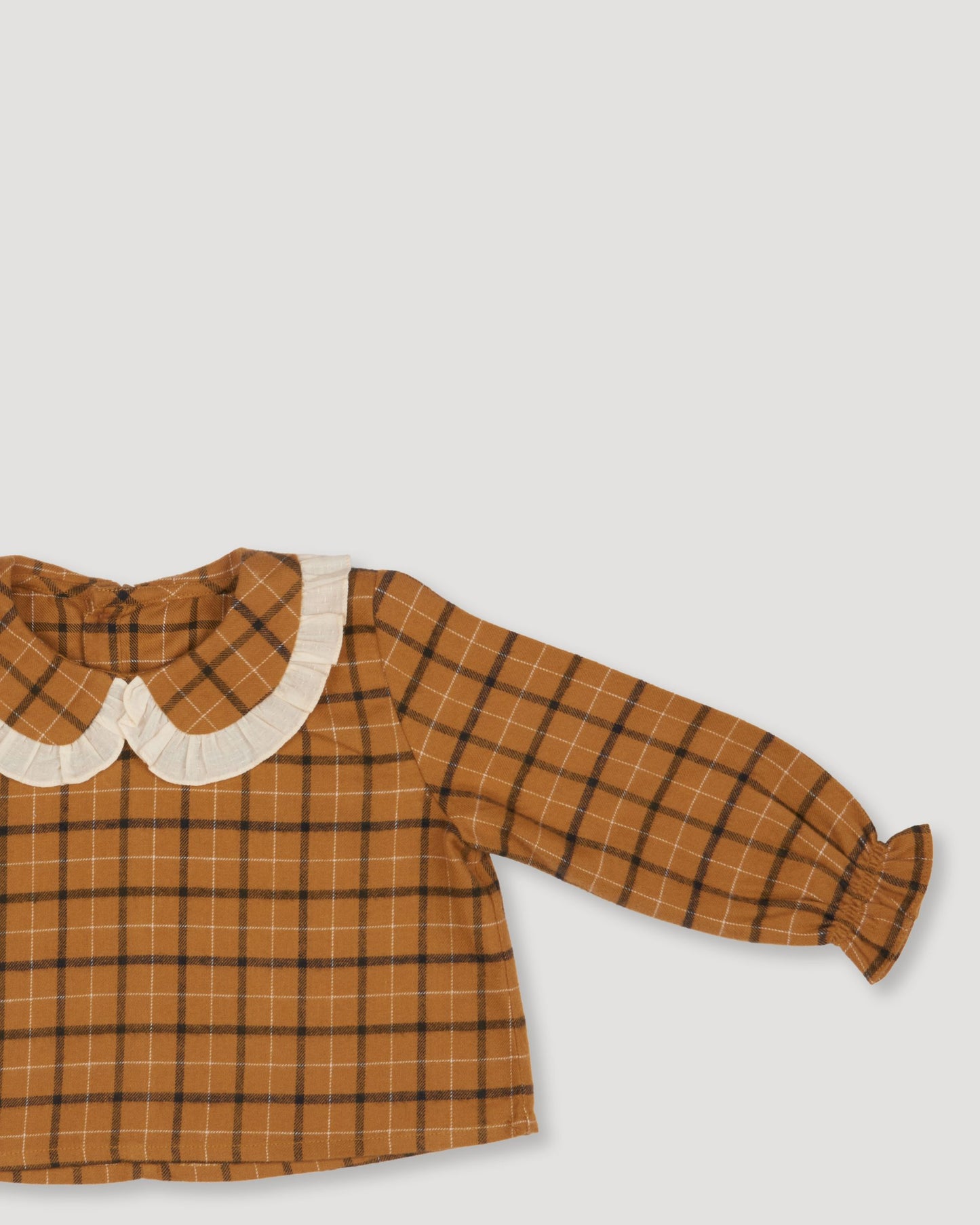Early Sunday, Penny & Fifi Baby Set in Almond Checks print, made from Cotton Yarn Dyed Brushed Checks fabric, featuring relaxed checks silhouette with coordinated set, shown in a closeup flat-lay view