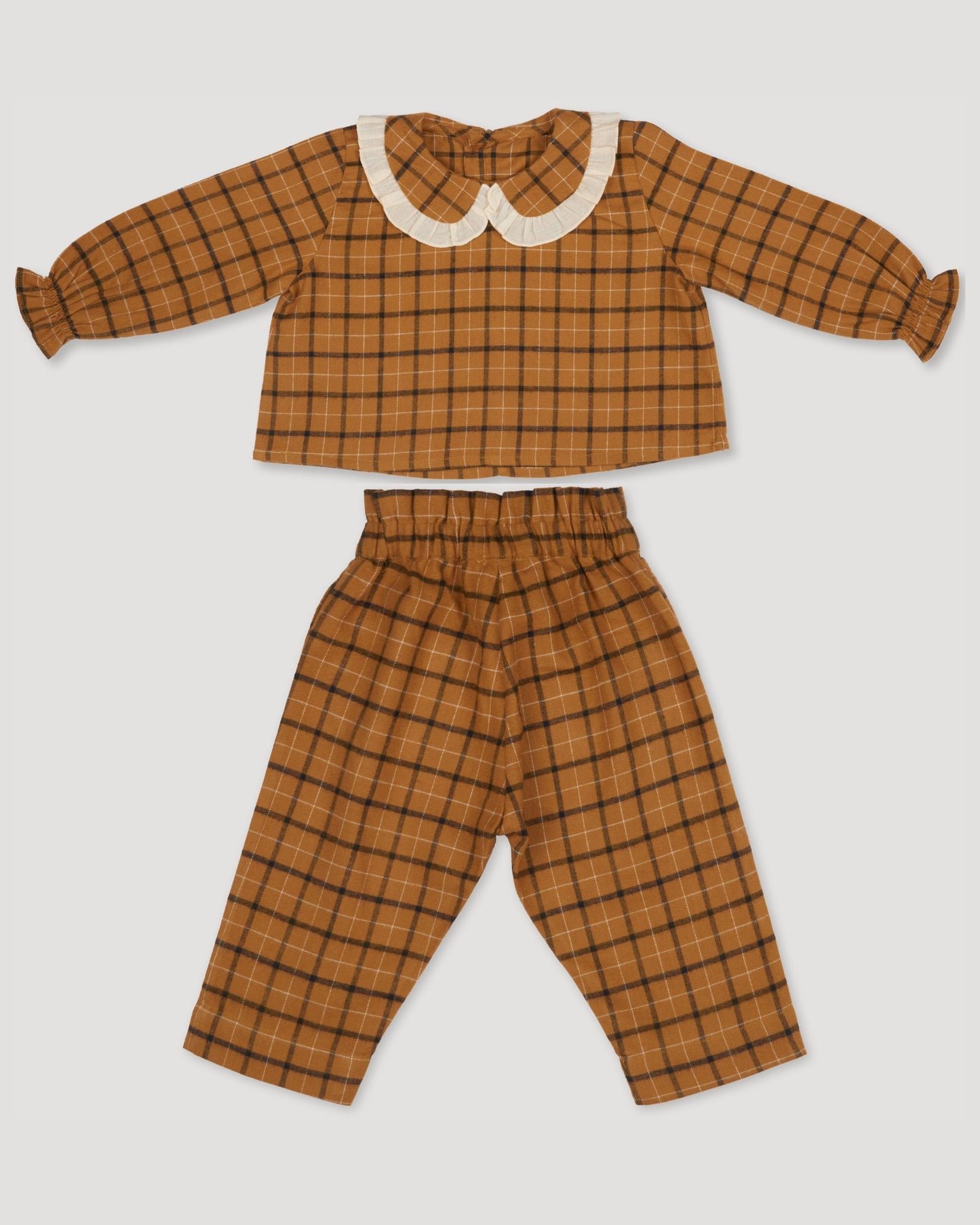 Early Sunday, Penny & Fifi Baby Set in Almond Checks print, made from Cotton Yarn Dyed Brushed Checks fabric, featuring relaxed checks silhouette with coordinated set, shown in a front flat-lay view