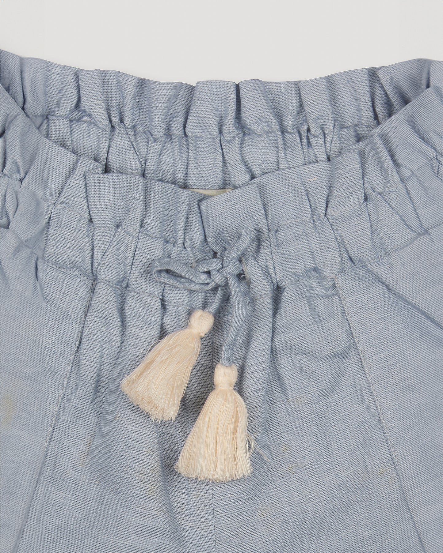 Early Sunday, Roman Shorts in Ocean Blue color, made from Canvas 70% Cotton 30% Linen fabric, featuring relaxed fit with delicate finishes, combining style and functionality, shown in a close up flat lay view