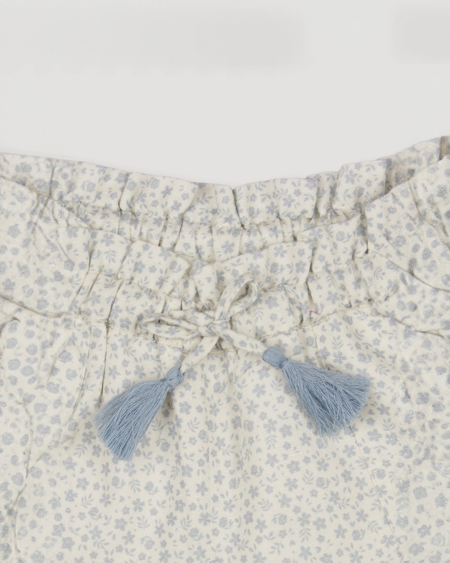 Early Sunday, Roman Shorts in Mini Flower print, made from Printed canvas 70% Cotton 30% Linen fabric, featuring relaxed fit with delicate finishes, combining style and functionality, shown in a closeup flat-lay view