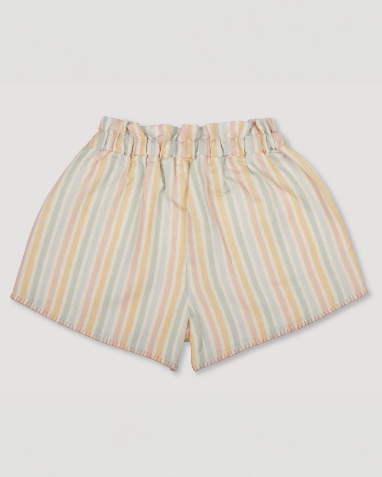 Early Sunday, Roman Shorts in Summer Stripe, made from Printed canvas 70% Cotton 30% Linen fabric, featuring relaxed fit with delicate finishes, combining style and functionality, shown in a back flat-lay view