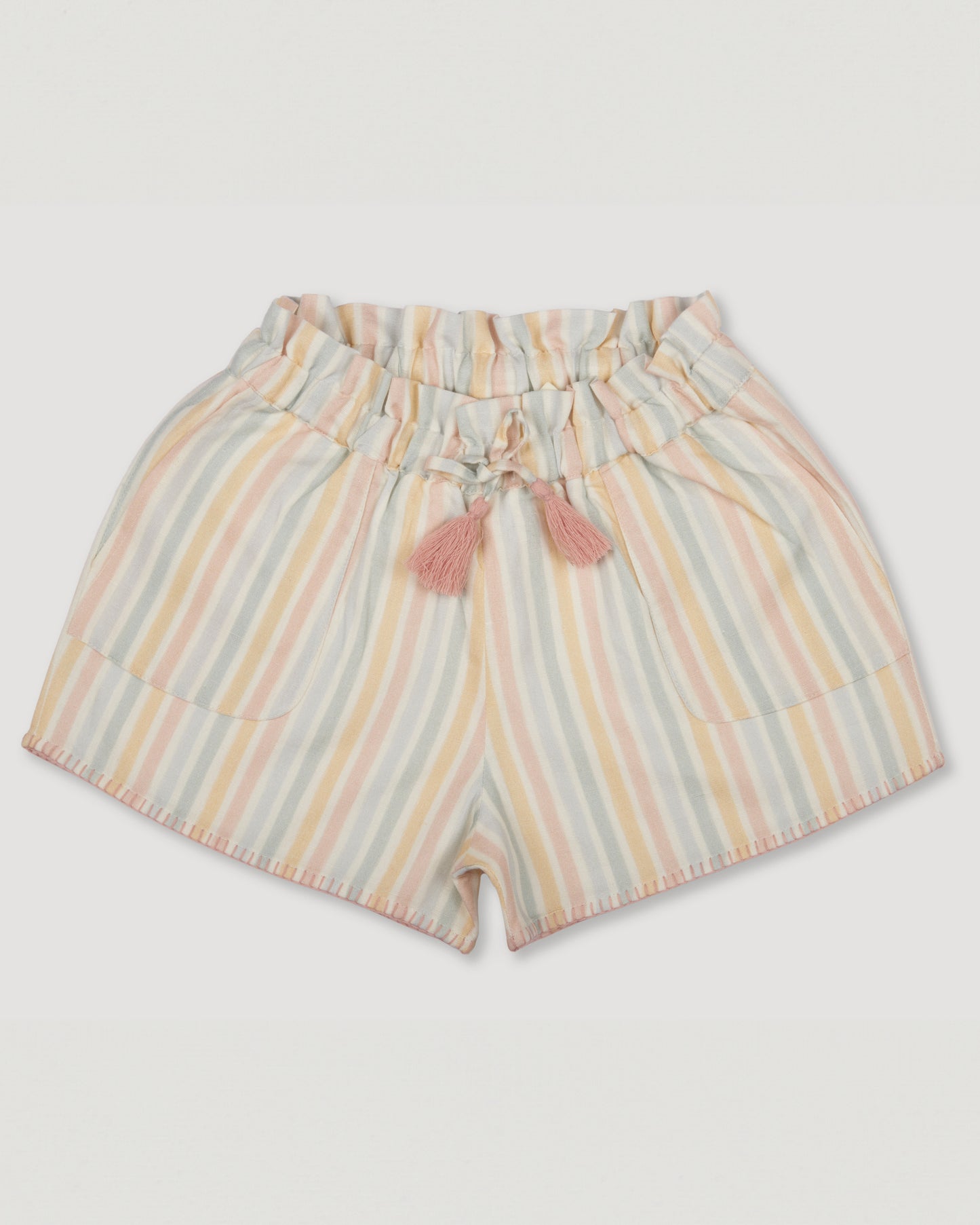 Early Sunday, Roman Shorts in Summer Stripe, made from Printed canvas 70% Cotton 30% Linen fabric, featuring relaxed fit with delicate finishes, combining style and functionality, shown in a front flat-lay view